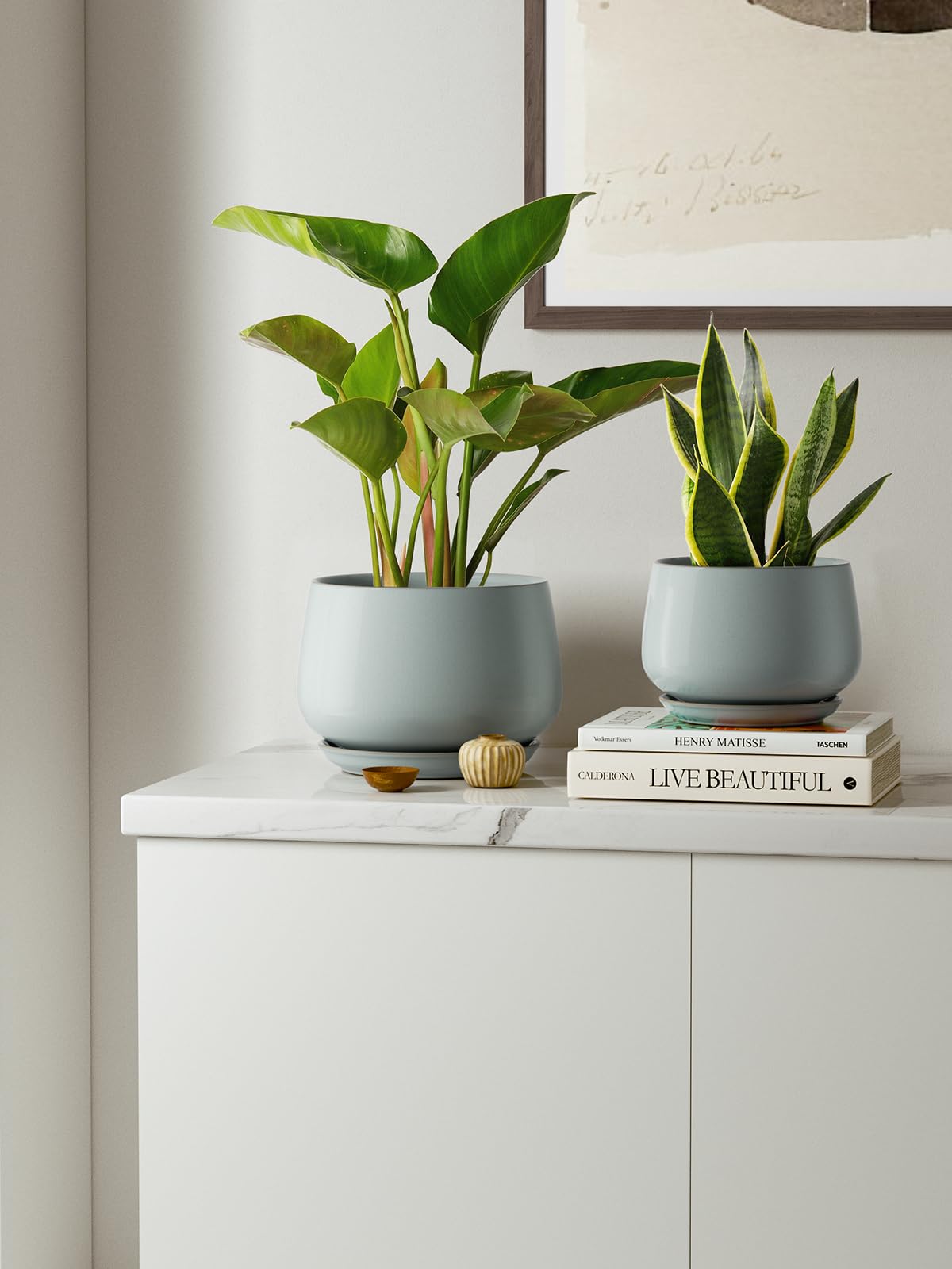 LE TAUCI Plant Pots, 4.1+5.1+6.5 Inch, Set of 3 Stylish Ceramic Planters with Drainage Hole and Saucer for Optimal Plant Growth - OVAD