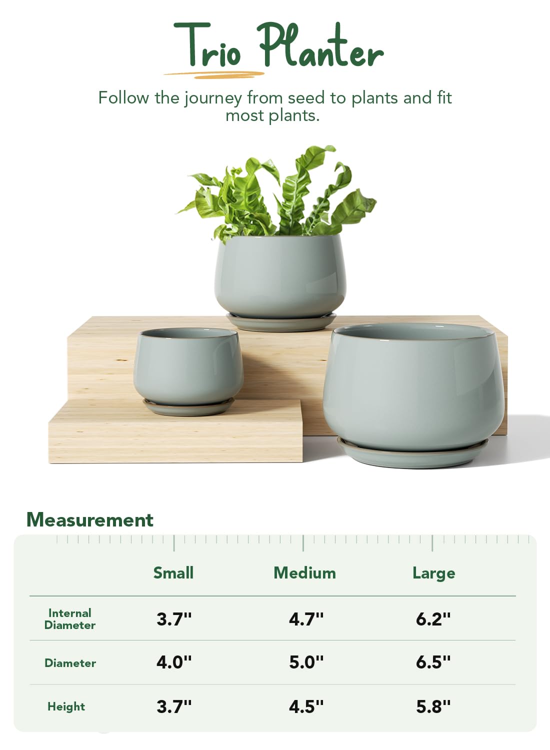 LE TAUCI Plant Pots, 4.1+5.1+6.5 Inch, Set of 3 Stylish Ceramic Planters with Drainage Hole and Saucer for Optimal Plant Growth - OVAD