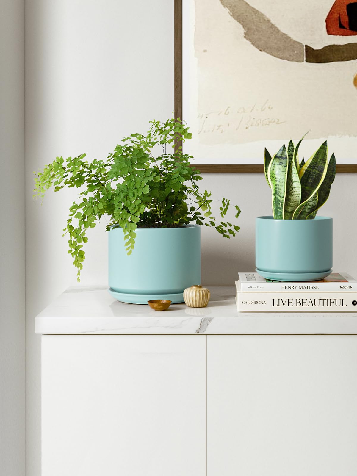 LE TAUCI Ceramic Plant Pots, 4.3+5.3+6.8 Inch, Set of 3, Planters with Drainage Hole and Saucer for Stylish Indoor and Outdoor Decor - OVAD