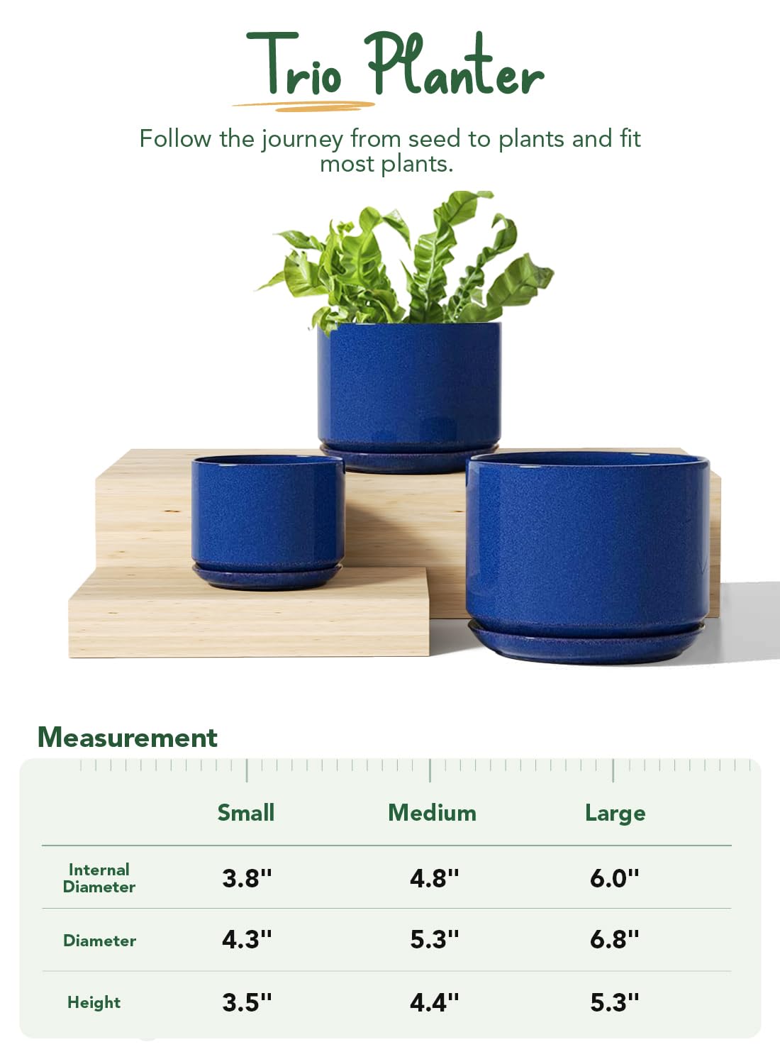 LE TAUCI Ceramic Plant Pots, 4.3+5.3+6.8 Inch, Set of 3, Planters with Drainage Hole and Saucer for Stylish Indoor and Outdoor Decor - OVAD