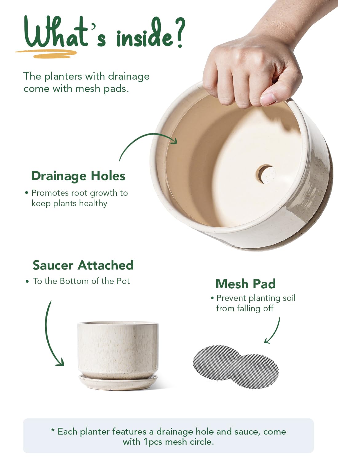 LE TAUCI Ceramic Plant Pots, 4.3+5.3+6.8 Inch, Set of 3, Planters with Drainage Hole and Saucer for Stylish Indoor and Outdoor Decor - OVAD