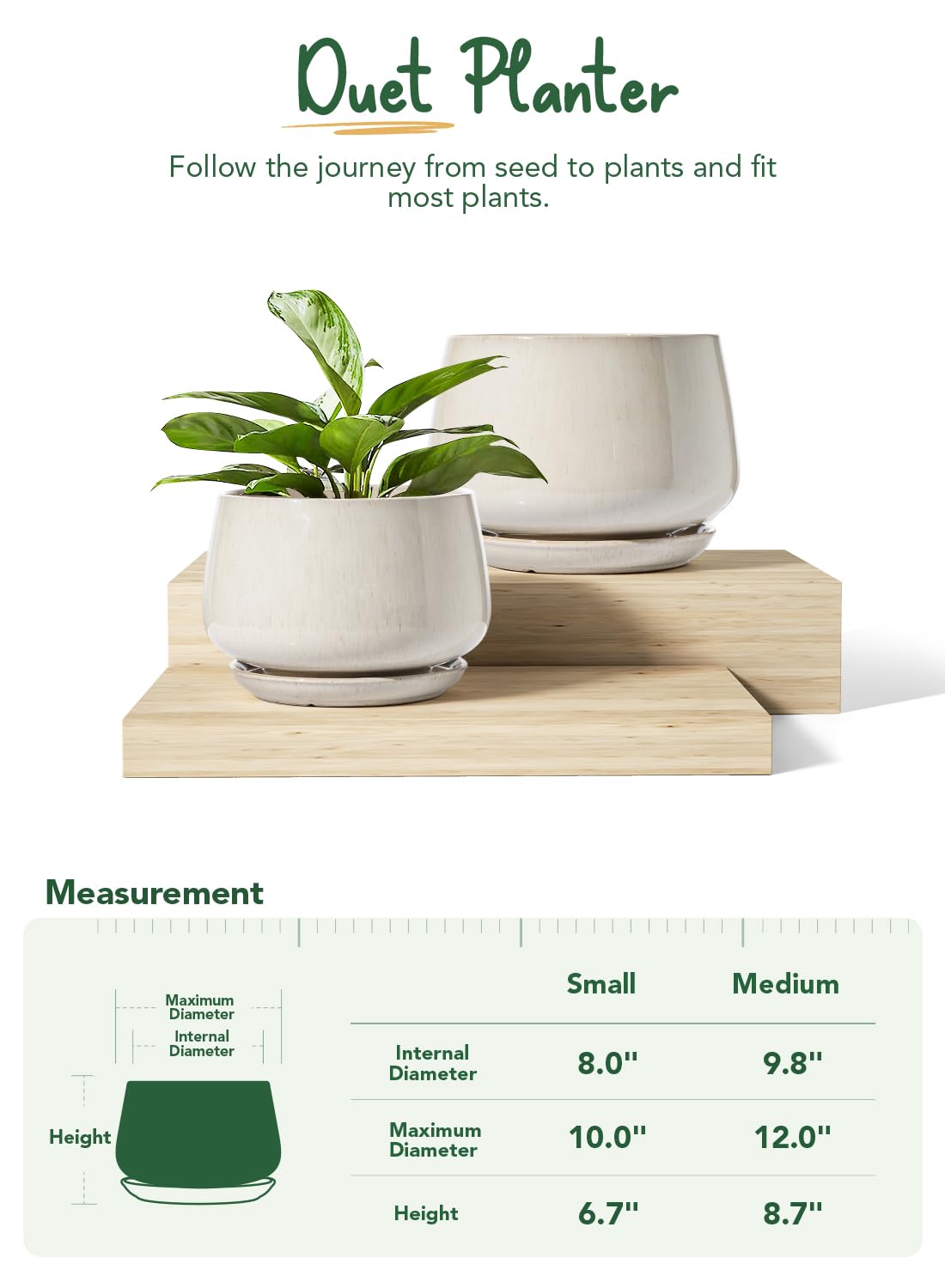 LE TAUCI Ceramic Plant Pots Set of 2 Stylish 10 Inch 12 Inch Planters with Drainage Tray Perfect for Indoor Plants and Home Decor - OVAD