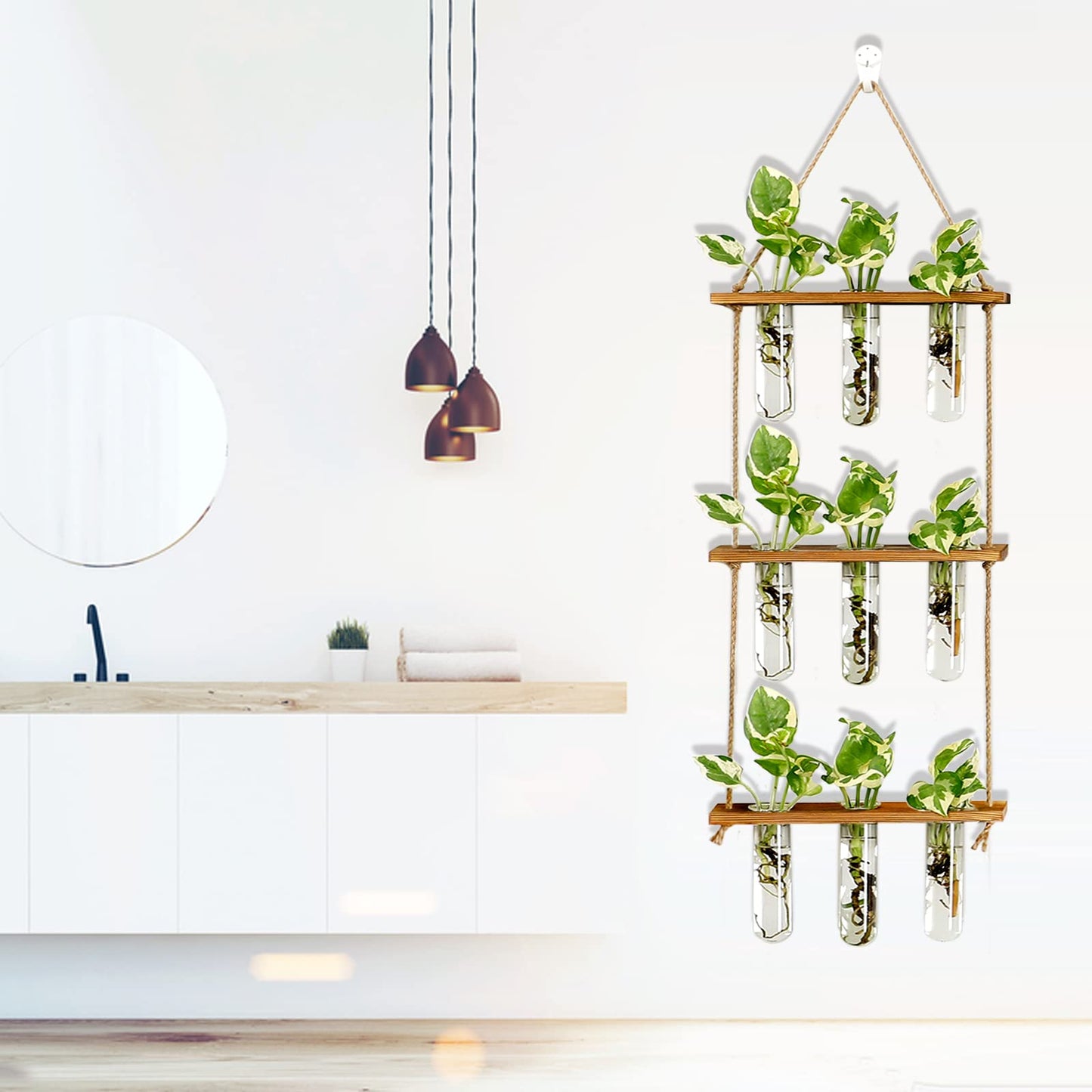 Wall Hanging Propagation Station with Wooden Stand - 5 Glass Test Tubes for Stylish Plant Display and Home Décor - OVAD