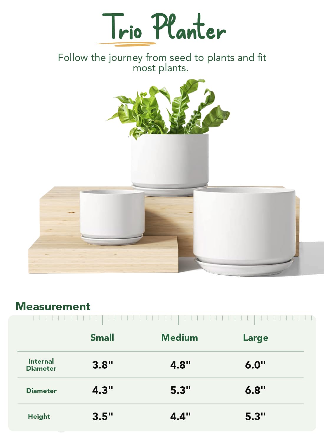 LE TAUCI Ceramic Plant Pots, 4.3+5.3+6.8 Inch, Set of 3, Planters with Drainage Hole and Saucer for Stylish Indoor and Outdoor Decor - OVAD