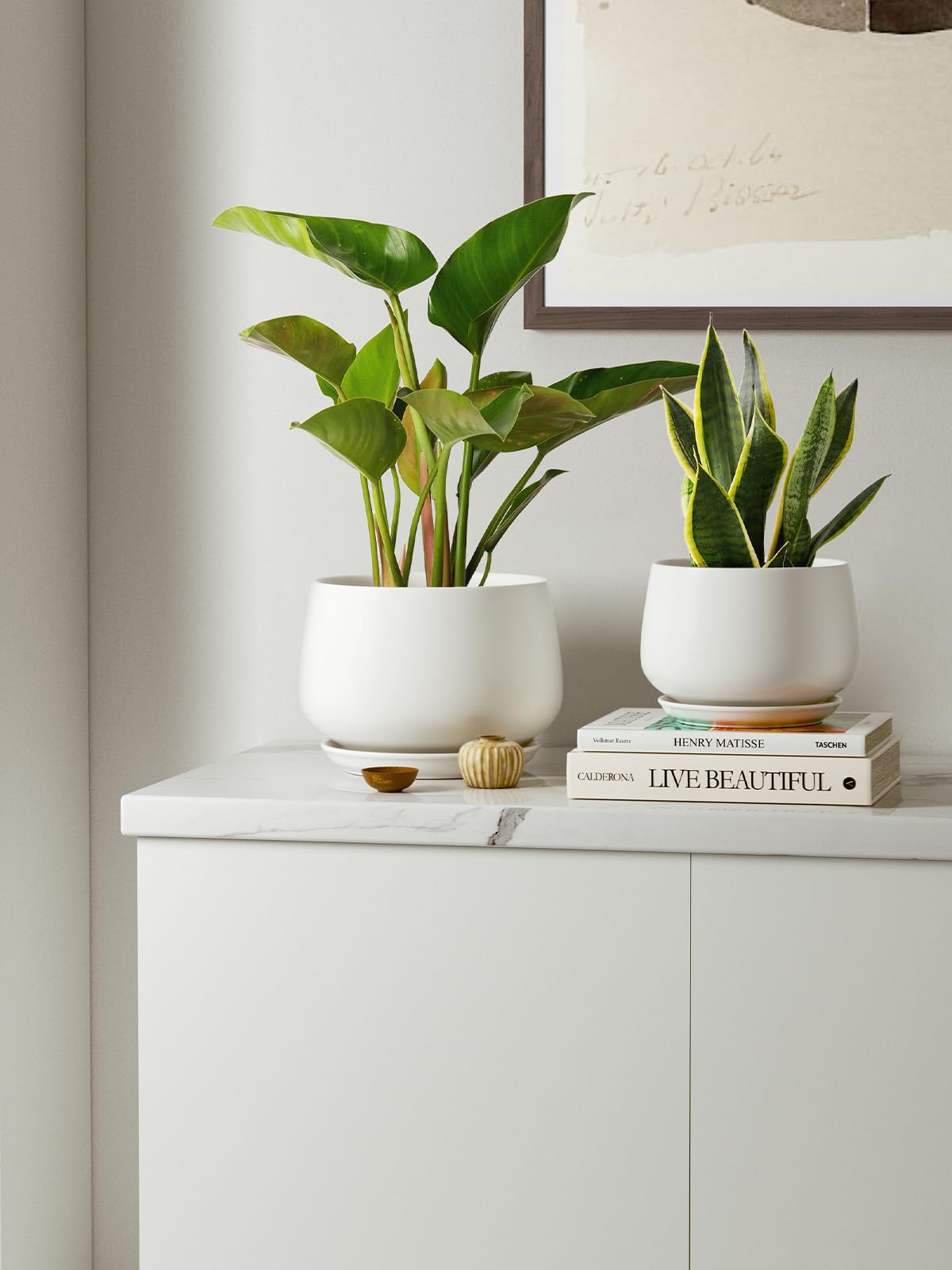 LE TAUCI Plant Pots, 4.1+5.1+6.5 Inch, Set of 3 Stylish Ceramic Planters with Drainage Hole and Saucer for Optimal Plant Growth - OVAD