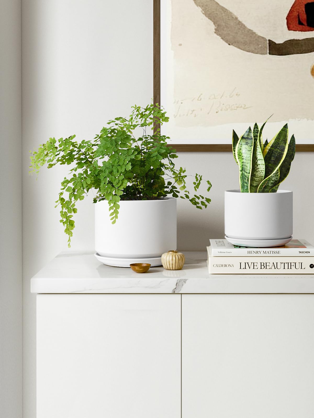 LE TAUCI Ceramic Plant Pots, 4.3+5.3+6.8 Inch, Set of 3, Planters with Drainage Hole and Saucer for Stylish Indoor and Outdoor Decor - OVAD