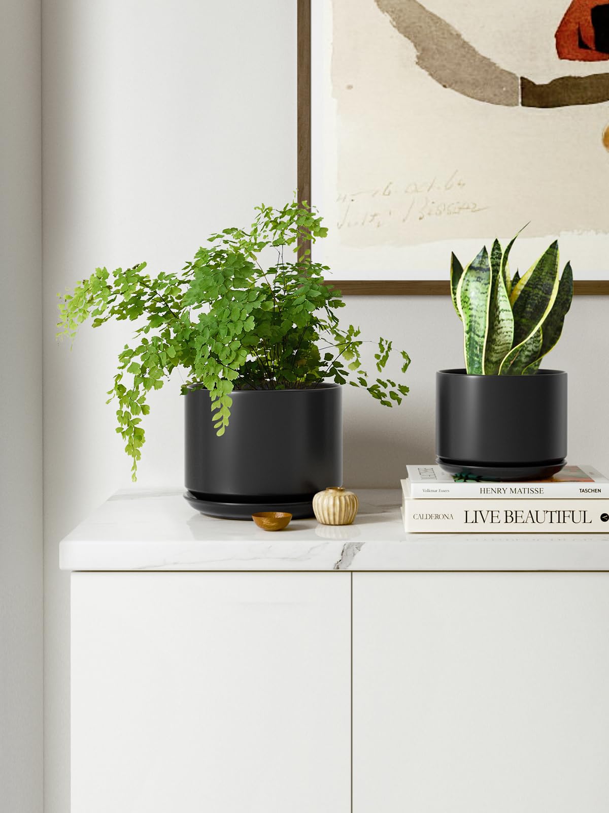 LE TAUCI Ceramic Plant Pots, 4.3+5.3+6.8 Inch, Set of 3, Planters with Drainage Hole and Saucer for Stylish Indoor and Outdoor Decor - OVAD