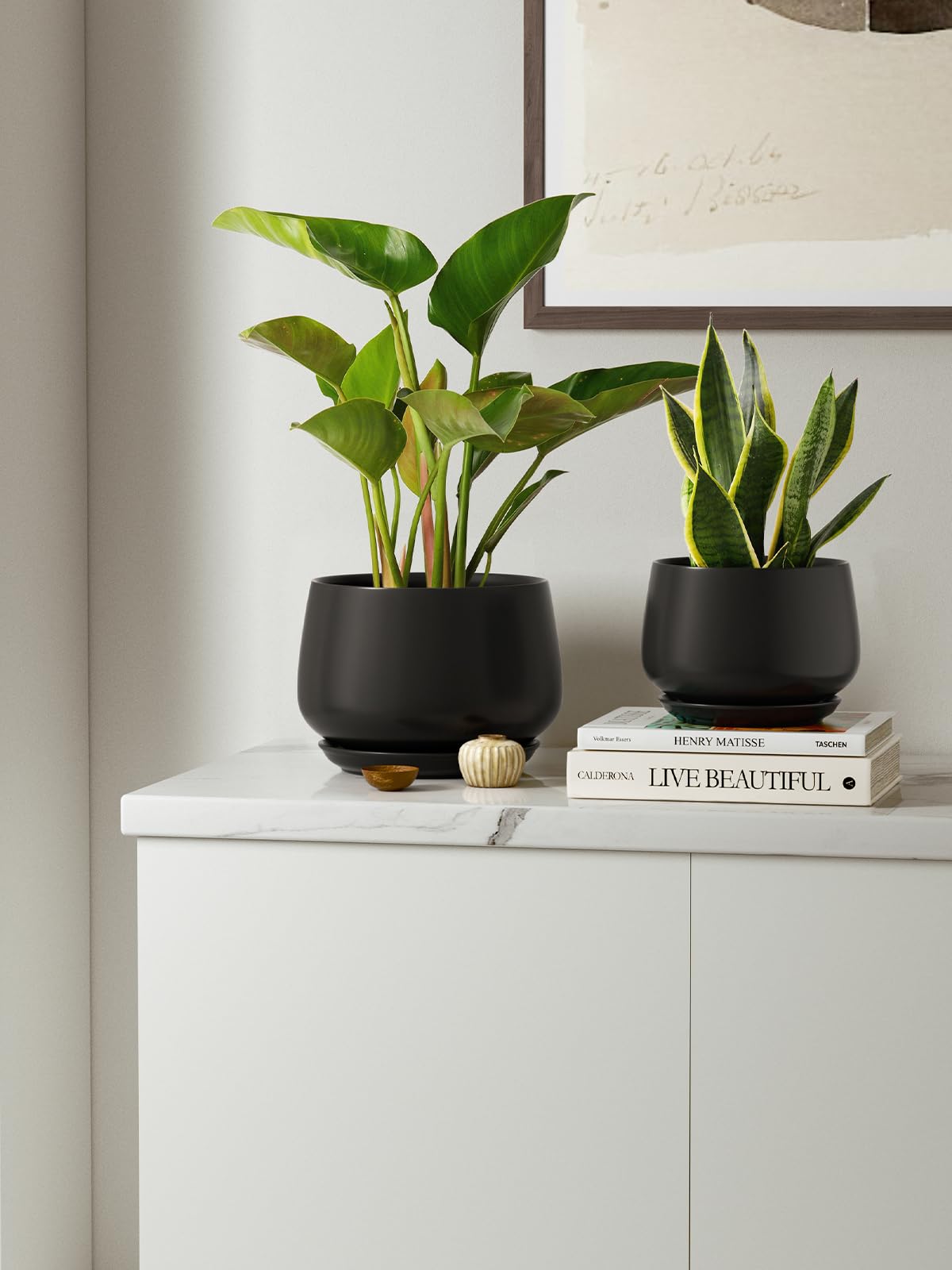 LE TAUCI Plant Pots, 4.1+5.1+6.5 Inch, Set of 3 Stylish Ceramic Planters with Drainage Hole and Saucer for Optimal Plant Growth - OVAD