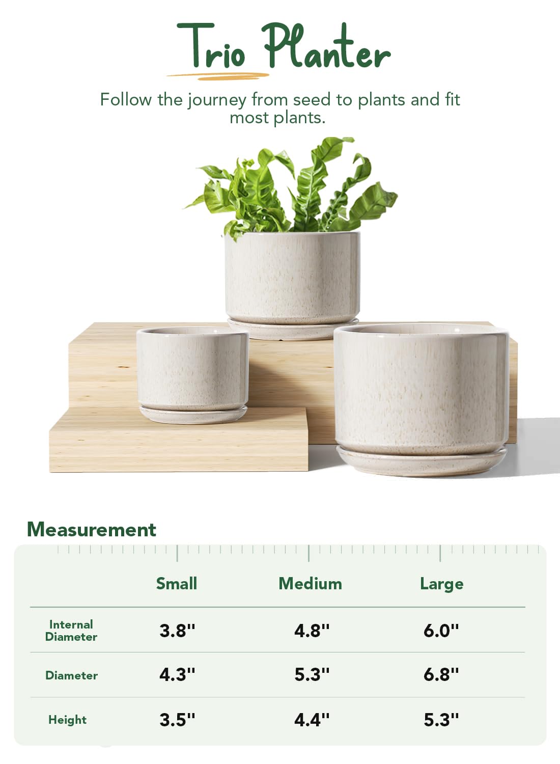 LE TAUCI Ceramic Plant Pots, 4.3+5.3+6.8 Inch, Set of 3, Planters with Drainage Hole and Saucer for Stylish Indoor and Outdoor Decor - OVAD