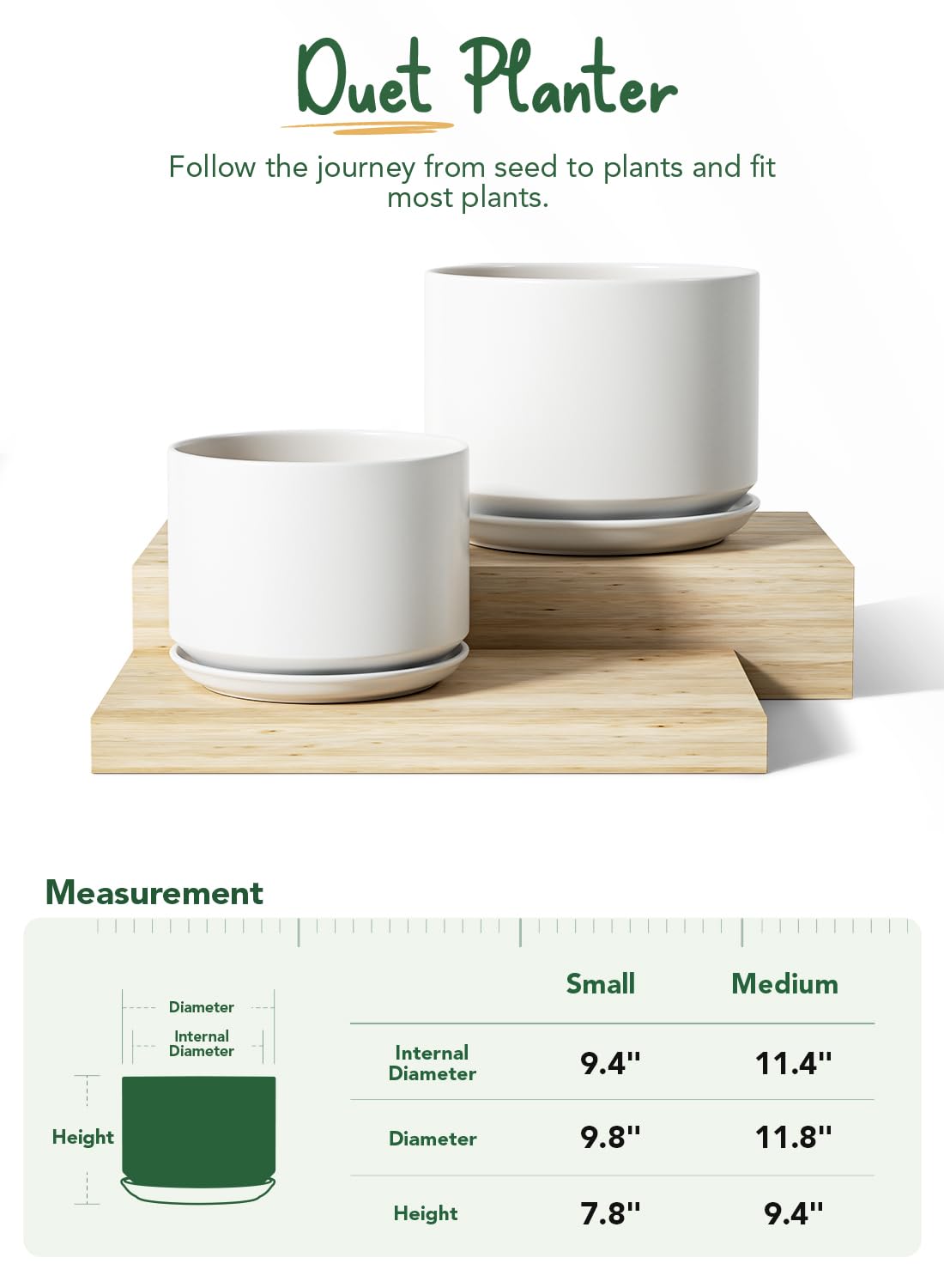 LE TAUCI Ceramic Plant Pots, 10 + 12 Inch Indoor Pots with Drainage, Modern White Planters for Home and Office Decor - OVAD