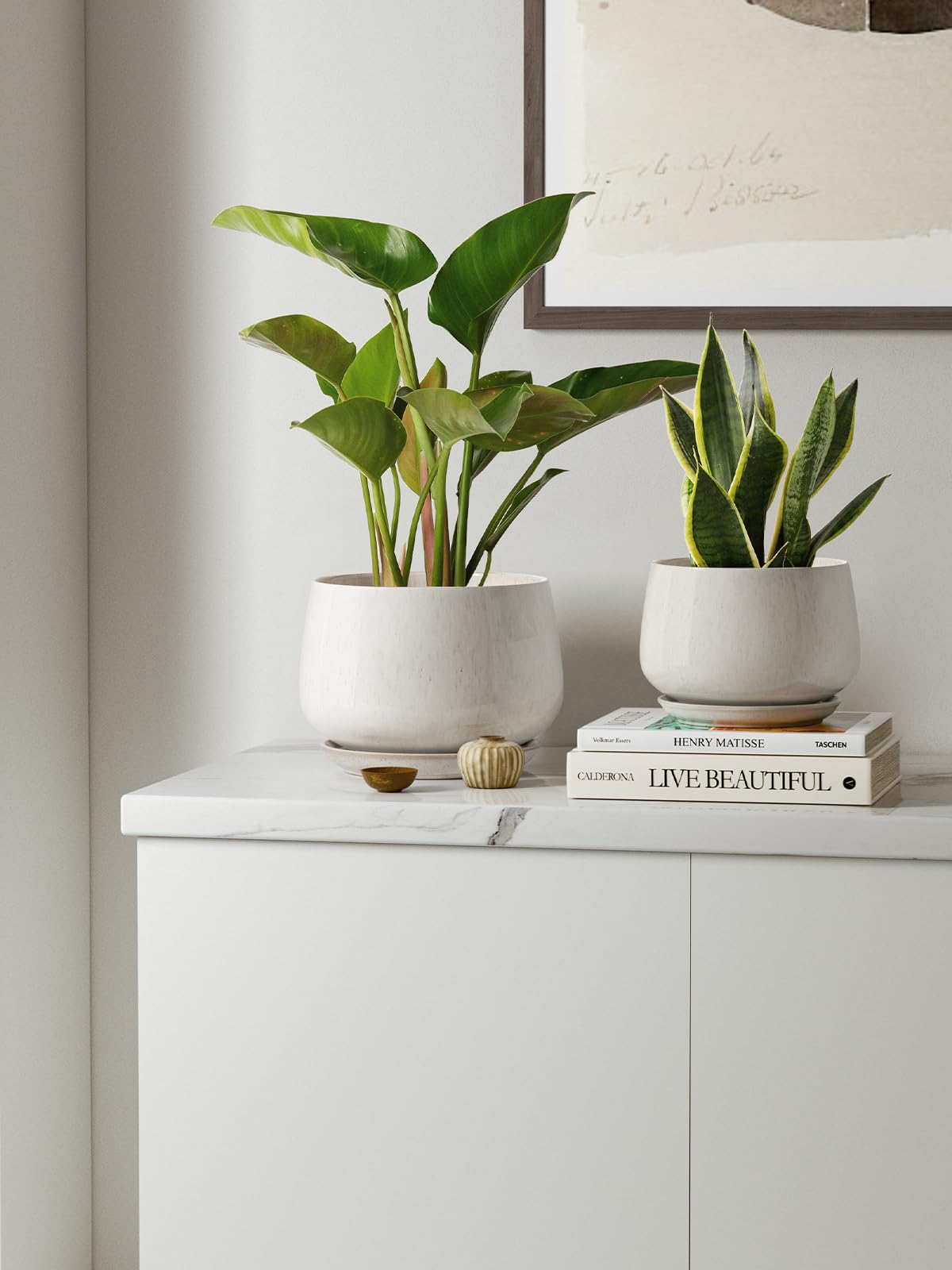 LE TAUCI Plant Pots, 4.1+5.1+6.5 Inch, Set of 3 Stylish Ceramic Planters with Drainage Hole and Saucer for Optimal Plant Growth - OVAD