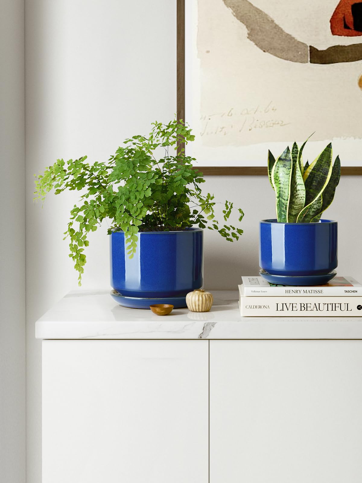 LE TAUCI Ceramic Plant Pots, 4.3+5.3+6.8 Inch, Set of 3, Planters with Drainage Hole and Saucer for Stylish Indoor and Outdoor Decor - OVAD