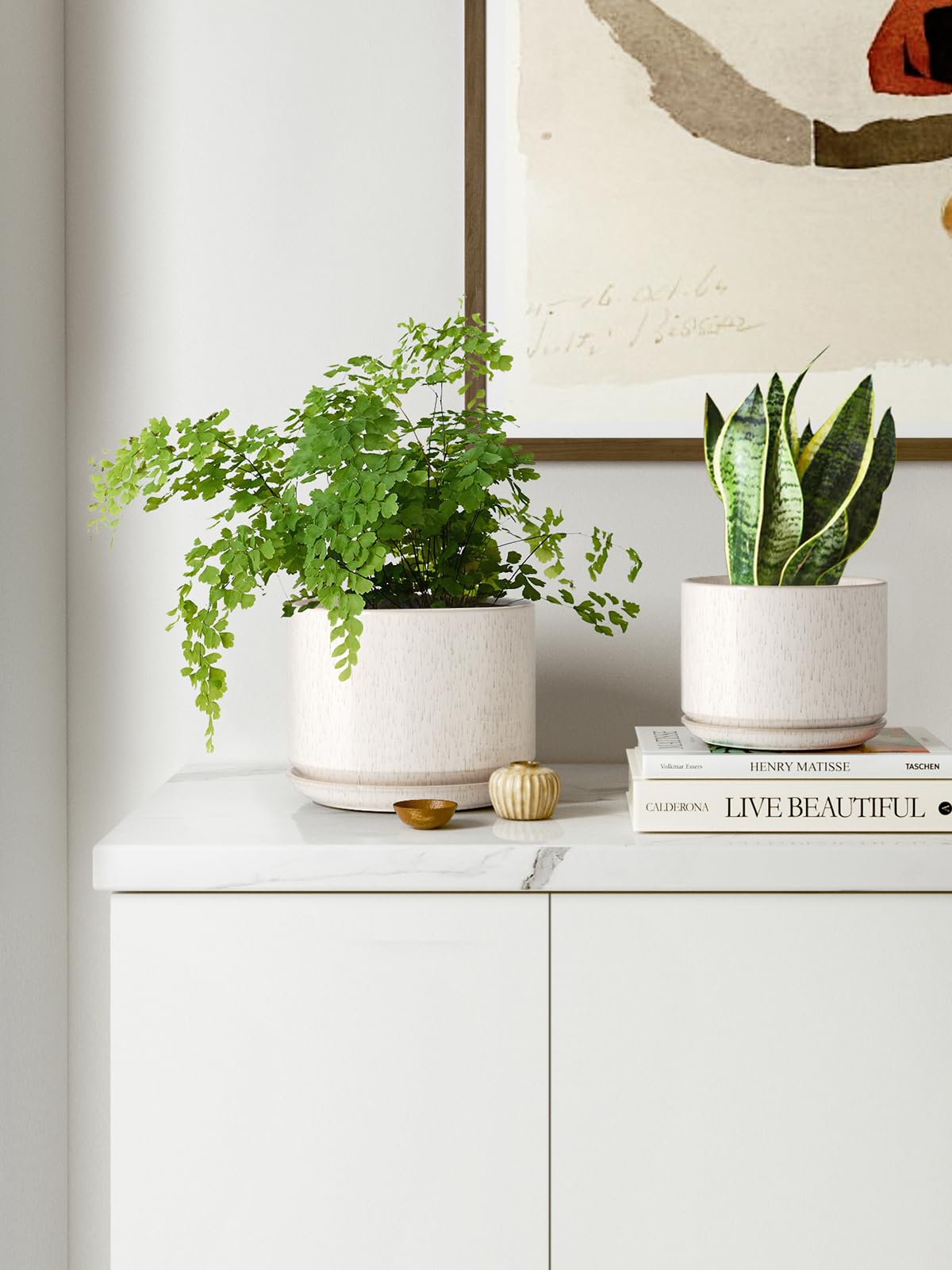 LE TAUCI Ceramic Plant Pots, 4.3+5.3+6.8 Inch, Set of 3, Planters with Drainage Hole and Saucer for Stylish Indoor and Outdoor Decor - OVAD
