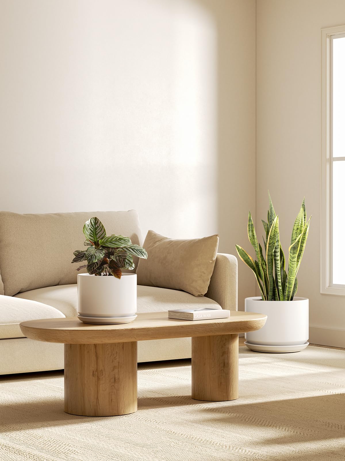 LE TAUCI Ceramic Plant Pots, 10 + 12 Inch Indoor Pots with Drainage, Modern White Planters for Home and Office Decor - OVAD