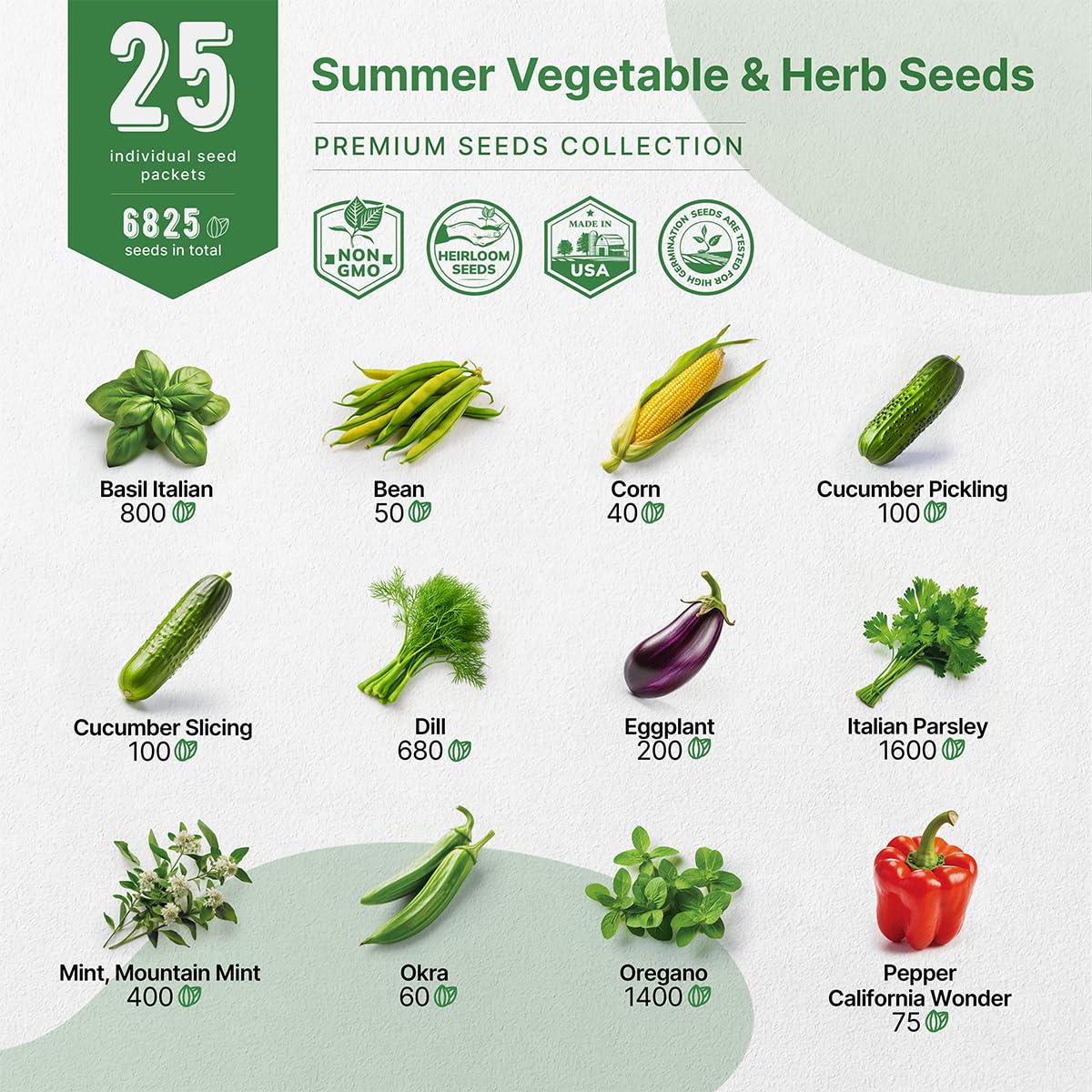 25 Summer Vegetable & Fruit Seeds Variety Pack with 1,870+ Non-GMO Heirloom Seeds for Indoor and Outdoor Gardening Including Tomatoes, Peppers, Okra, and More - OVAD