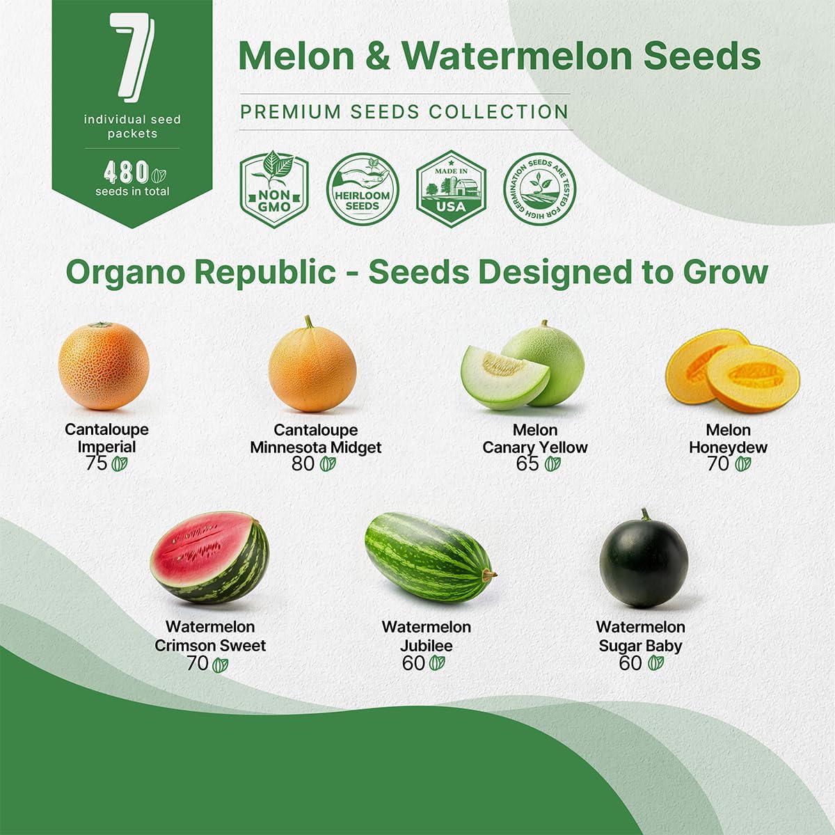 Organo Republic 7 Melon & Watermelon Seeds Variety Pack 480+ Non-GMO Heirloom Fruit Seeds for Hydroponic Indoor Outdoor Gardening - OVAD