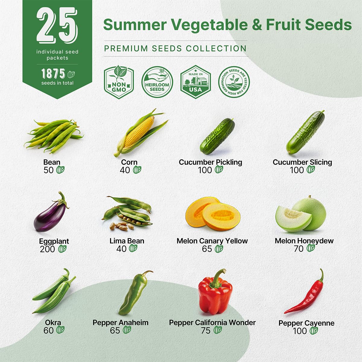 25 Summer Vegetable & Fruit Seeds Variety Pack with 1,870+ Non-GMO Heirloom Seeds for Indoor and Outdoor Gardening Including Tomatoes, Peppers, Okra, and More - OVAD