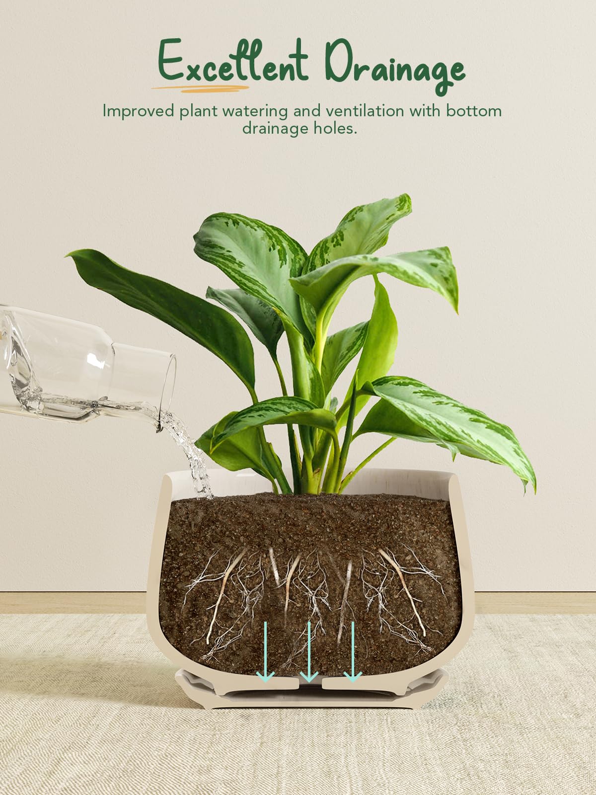 LE TAUCI Plant Pots, 4.1+5.1+6.5 Inch, Set of 3 Stylish Ceramic Planters with Drainage Hole and Saucer for Optimal Plant Growth - OVAD