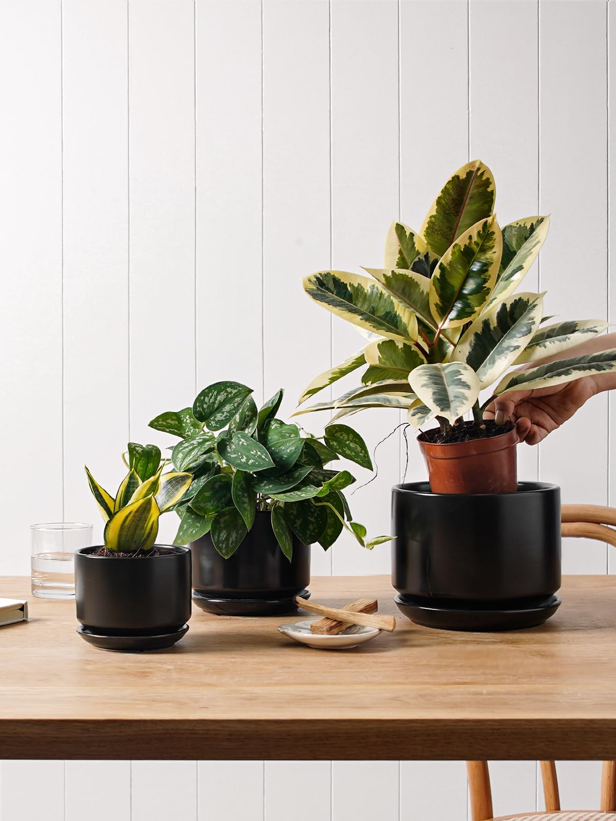 LE TAUCI Ceramic Plant Pots, 4.3+5.3+6.8 Inch, Set of 3, Planters with Drainage Hole and Saucer for Stylish Indoor and Outdoor Decor - OVAD