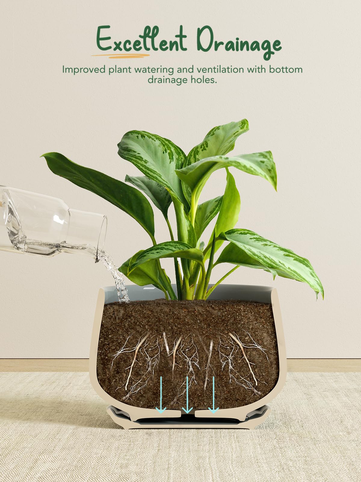 LE TAUCI Plant Pots, 4.1+5.1+6.5 Inch, Set of 3 Stylish Ceramic Planters with Drainage Hole and Saucer for Optimal Plant Growth - OVAD