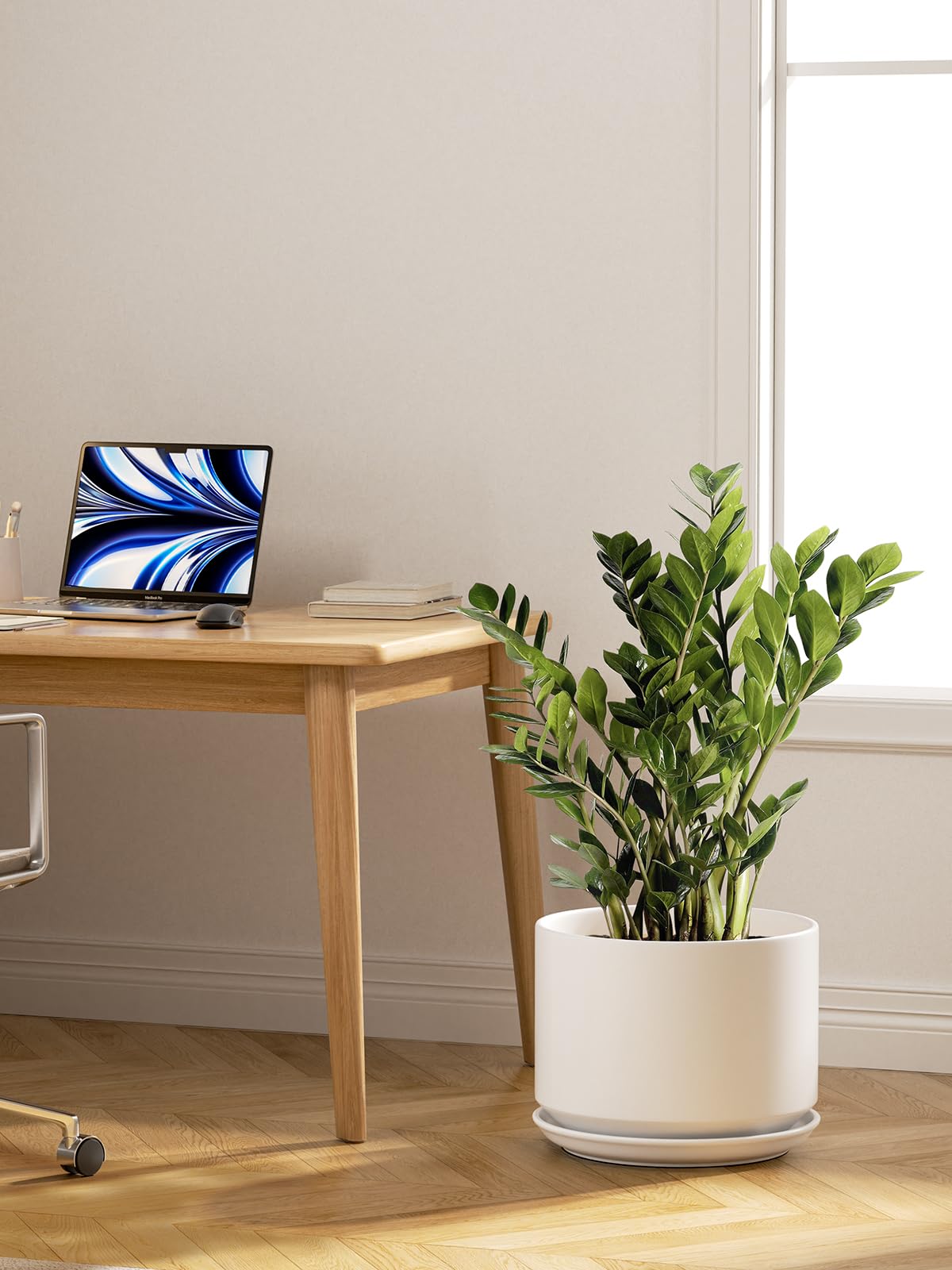 LE TAUCI Ceramic Plant Pots, 10 + 12 Inch Indoor Pots with Drainage, Modern White Planters for Home and Office Decor - OVAD