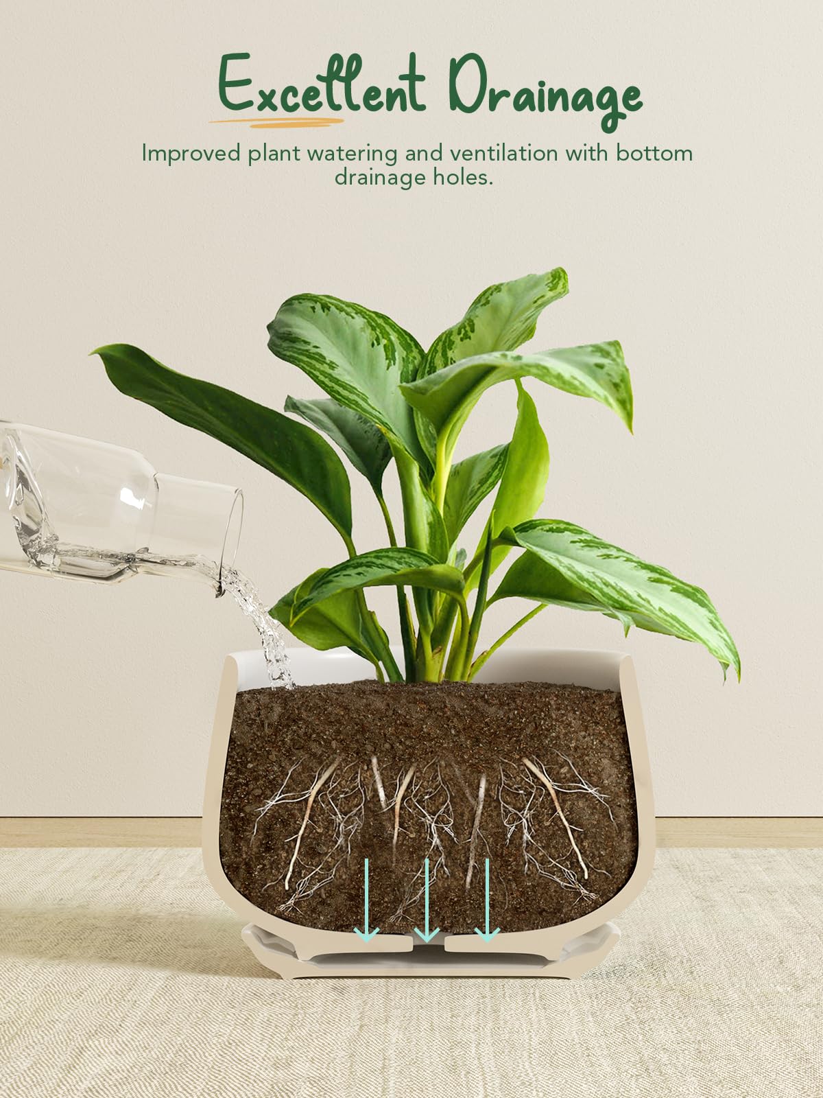 LE TAUCI Plant Pots, 4.1+5.1+6.5 Inch, Set of 3 Stylish Ceramic Planters with Drainage Hole and Saucer for Optimal Plant Growth - OVAD