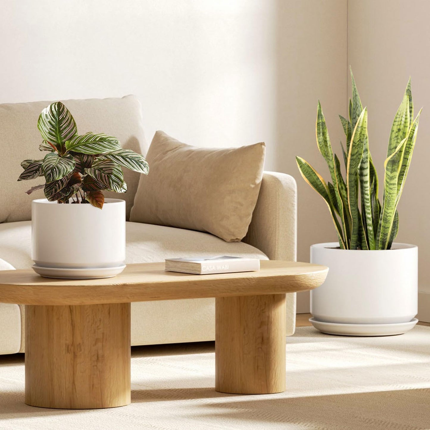 LE TAUCI Ceramic Plant Pots, 10 + 12 Inch Indoor Pots with Drainage, Modern White Planters for Home and Office Decor - OVAD