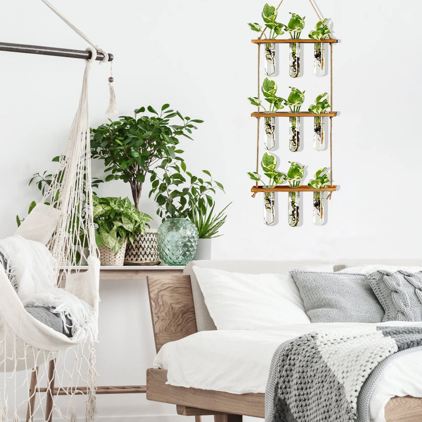 Wall Hanging Propagation Station with Wooden Stand - 5 Glass Test Tubes for Stylish Plant Display and Home Décor - OVAD