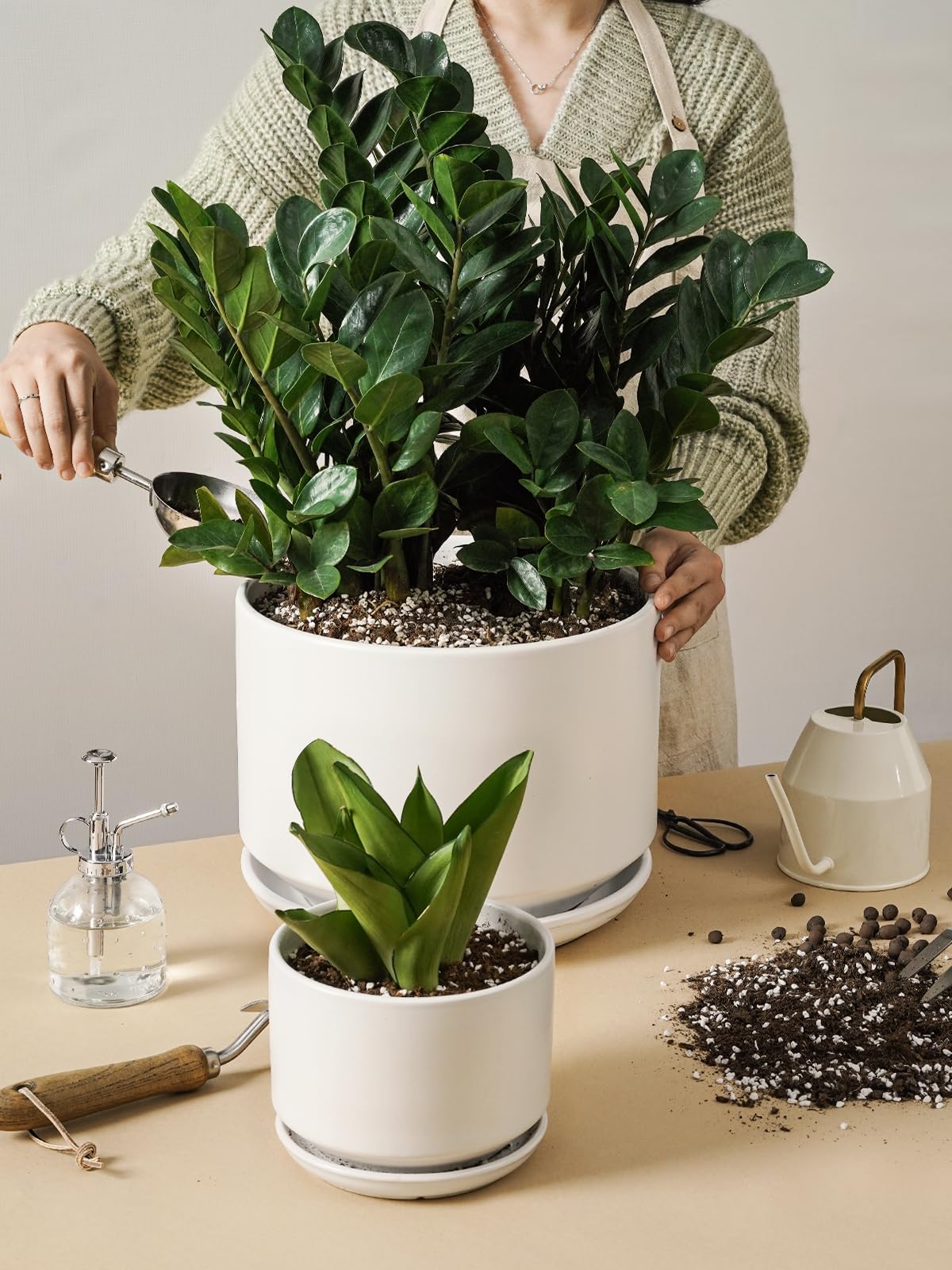 LE TAUCI Ceramic Plant Pots, 10 + 12 Inch Indoor Pots with Drainage, Modern White Planters for Home and Office Decor - OVAD