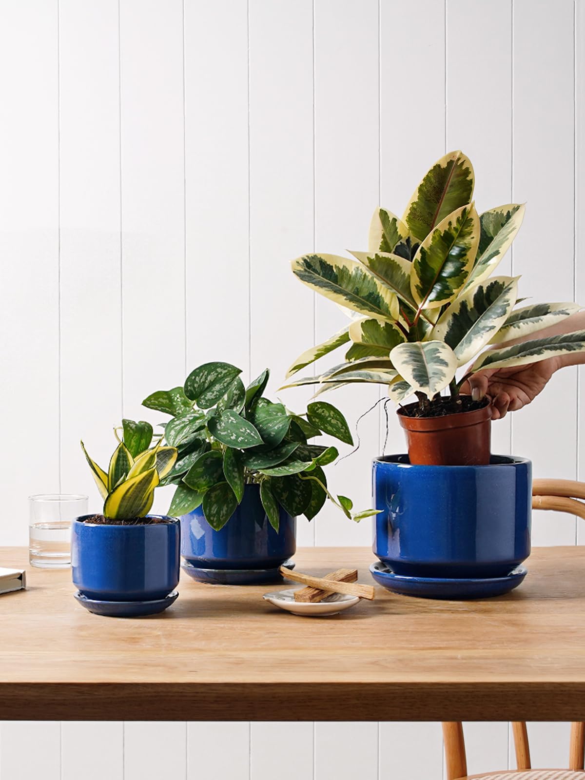 LE TAUCI Ceramic Plant Pots, 4.3+5.3+6.8 Inch, Set of 3, Planters with Drainage Hole and Saucer for Stylish Indoor and Outdoor Decor - OVAD