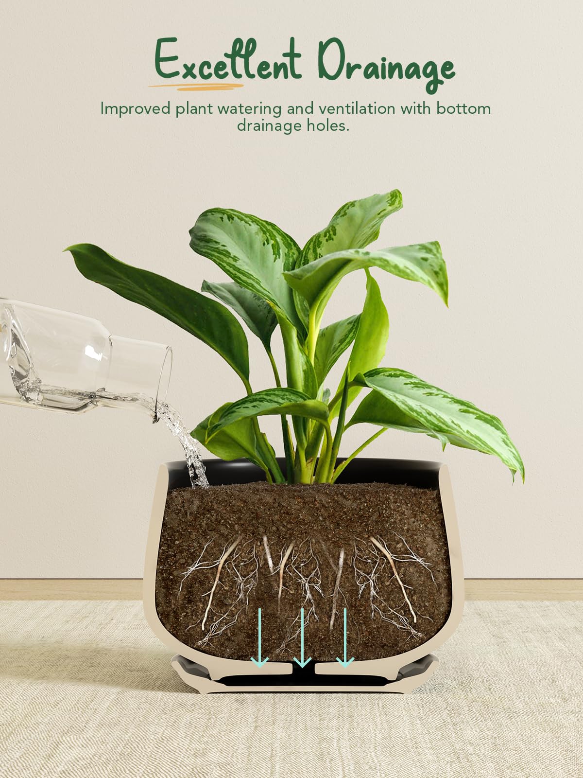 LE TAUCI Plant Pots, 4.1+5.1+6.5 Inch, Set of 3 Stylish Ceramic Planters with Drainage Hole and Saucer for Optimal Plant Growth - OVAD