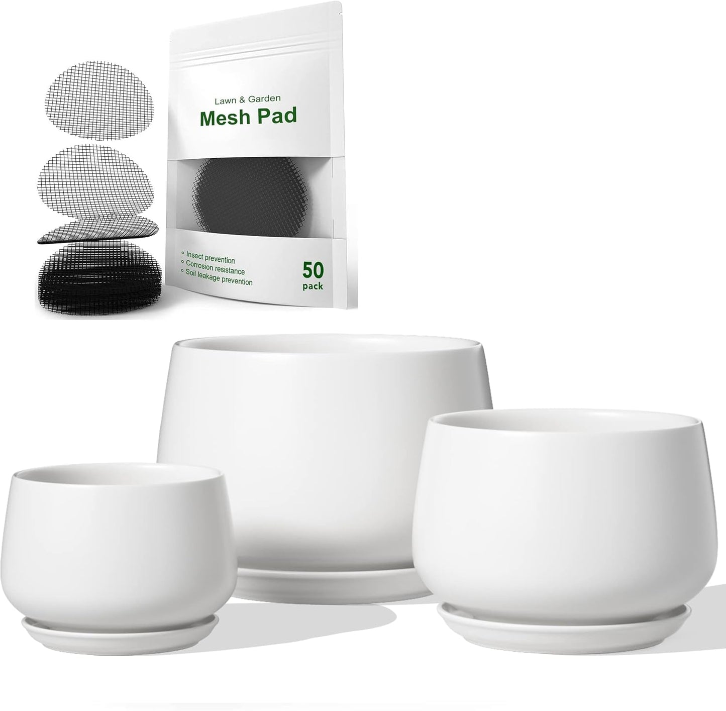 LE TAUCI Ceramic Plant Pots Set with Drainage Hole and Saucer, 4.1+5.1+6.5 Inch Sizes, 50 Pack Flower Pot Hole Mesh Pad Bundle in White - OVAD