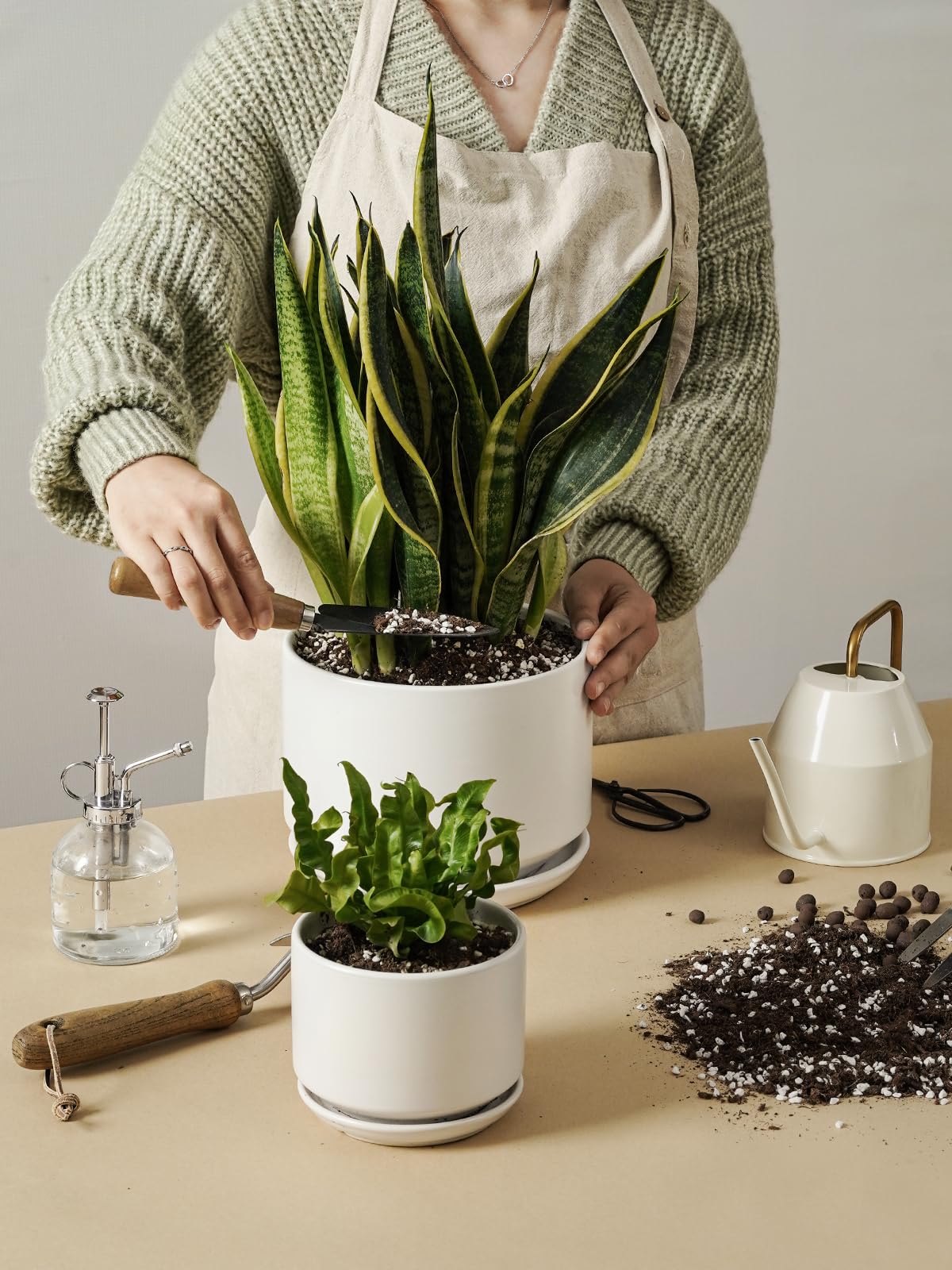 LE TAUCI Ceramic Plant Pots, 10 + 12 Inch Indoor Pots with Drainage, Modern White Planters for Home and Office Decor - OVAD