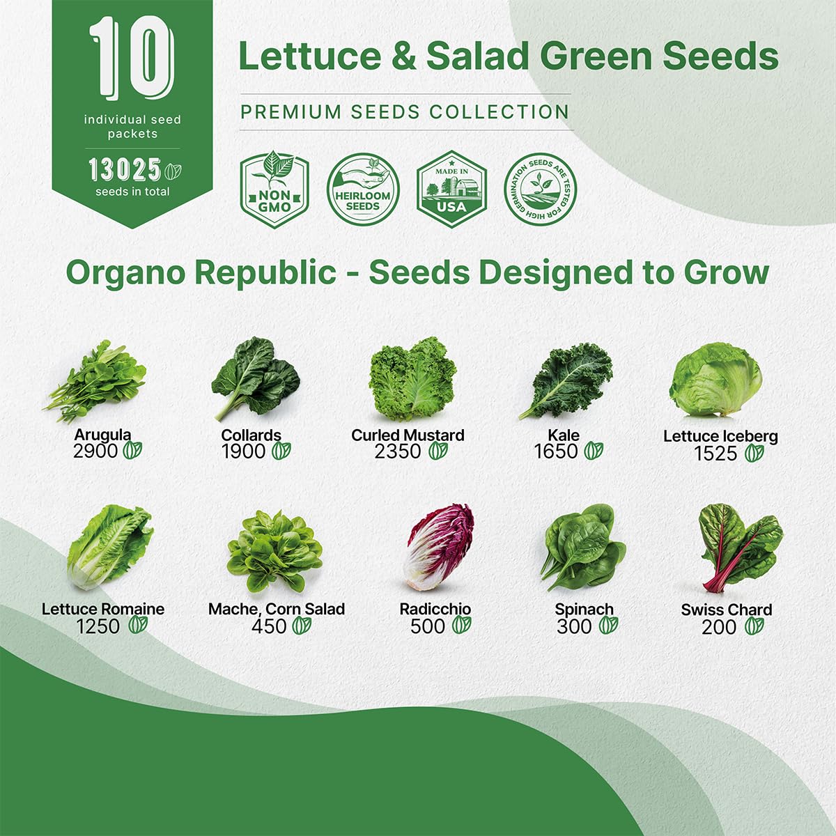 Organo Republic 22 Lettuce & Salad Greens Seeds Variety Pack 24,700 Plus Non-GMO Heirloom Lettuce Seeds For Indoor And Outdoor Garden Hydroponics Aerogarden Arugula Kale Spinach Swiss Chard Lettuce - OVAD