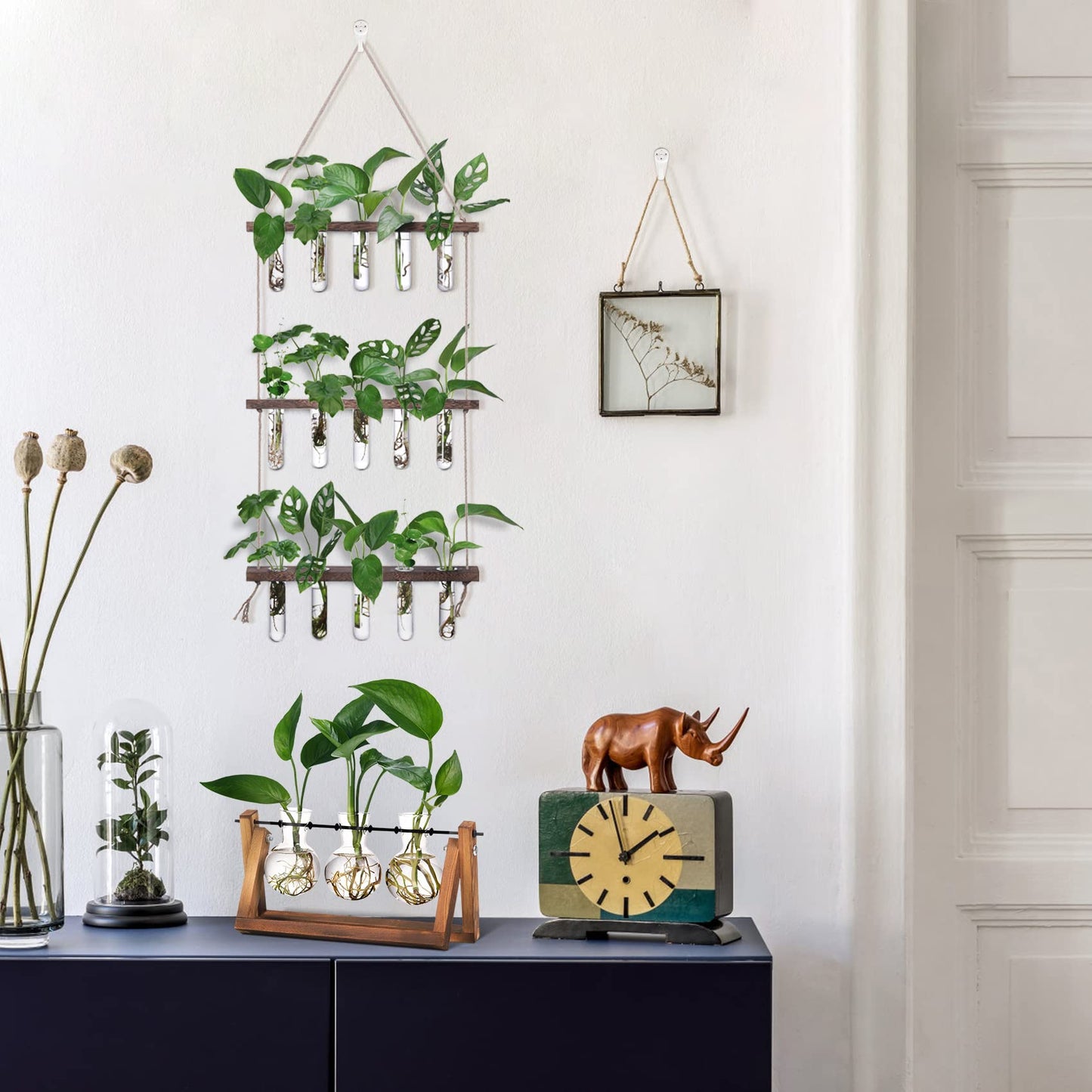 Wall Hanging Propagation Station with Wooden Stand - 5 Glass Test Tubes for Stylish Plant Display and Home Décor - OVAD