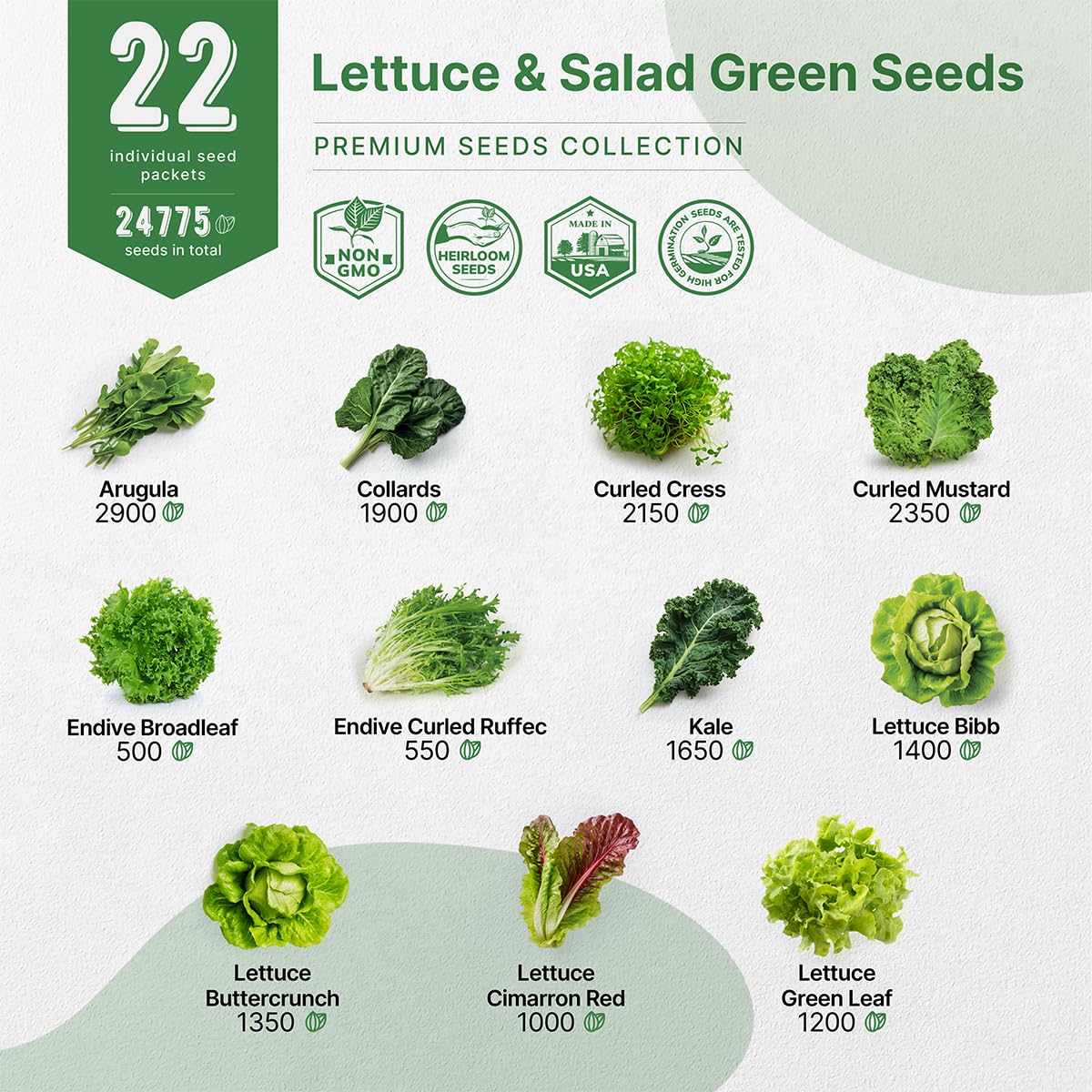 Organo Republic 22 Lettuce & Salad Greens Seeds Variety Pack 24,700 Plus Non-GMO Heirloom Lettuce Seeds For Indoor And Outdoor Garden Hydroponics Aerogarden Arugula Kale Spinach Swiss Chard Lettuce - OVAD