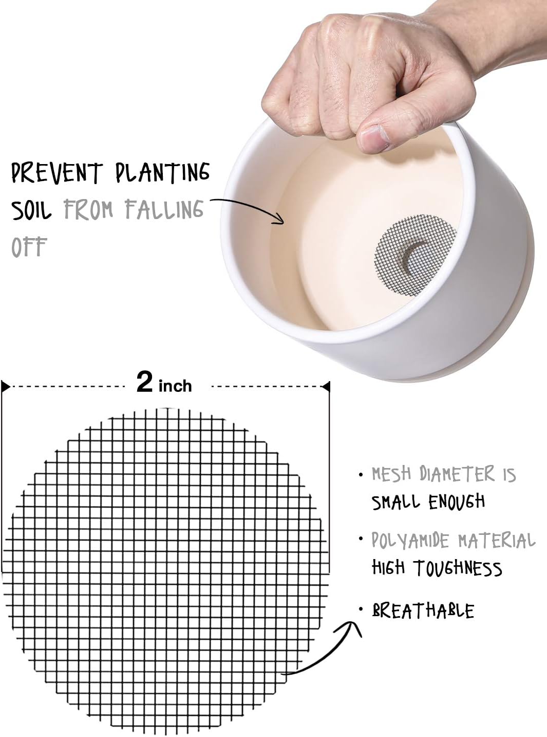 LE TAUCI Ceramic Plant Pots Set with Drainage Hole and Saucer, 4.1+5.1+6.5 Inch Sizes, 50 Pack Flower Pot Hole Mesh Pad Bundle in White - OVAD