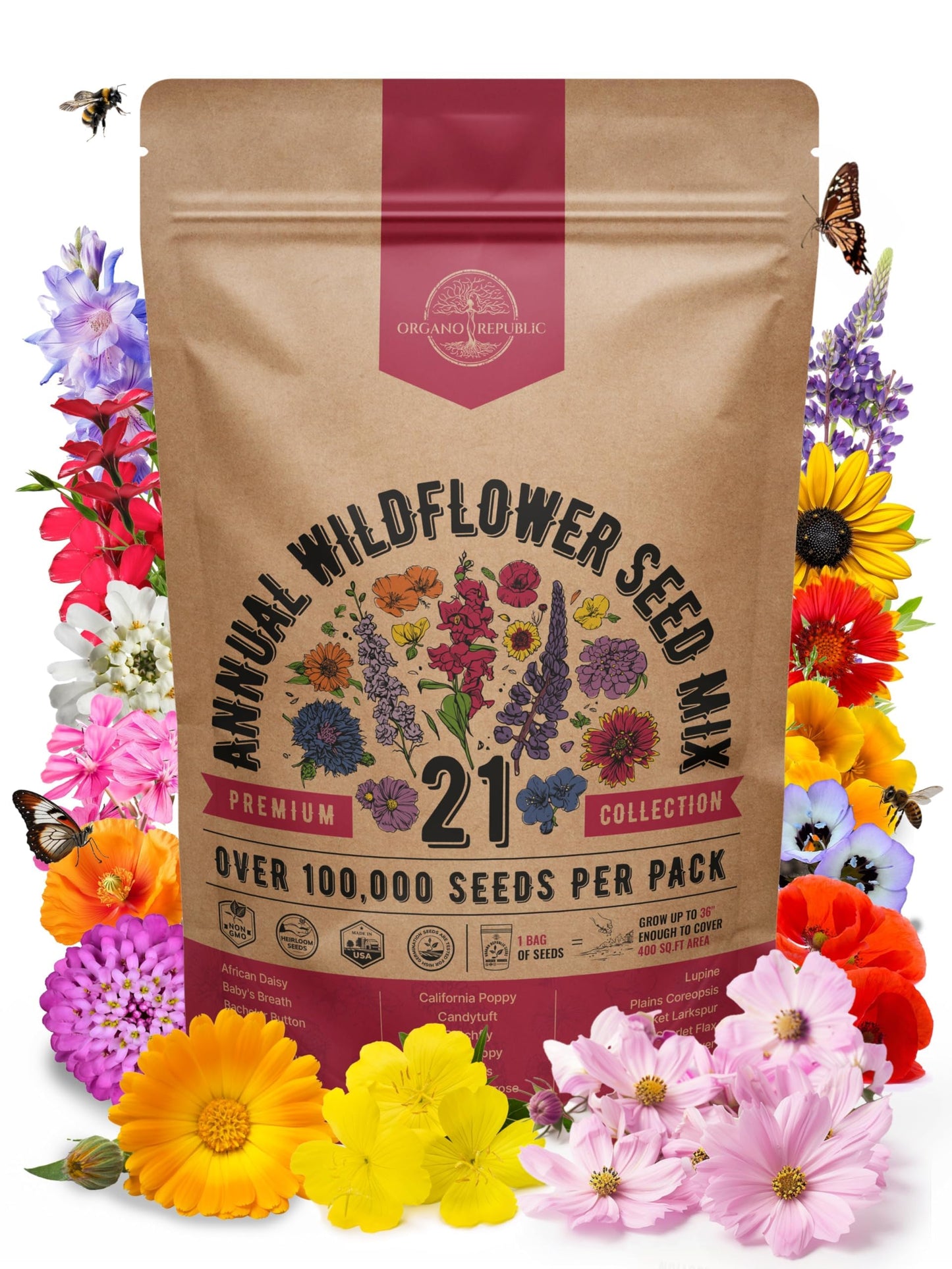 Organo Republic 16 Perennial Wildflower Seeds Mix for Indoor & Outdoors 100,000 Non-GMO Heirloom Seeds 4oz Packet to Attract Bees Butterflies Birds - OVAD