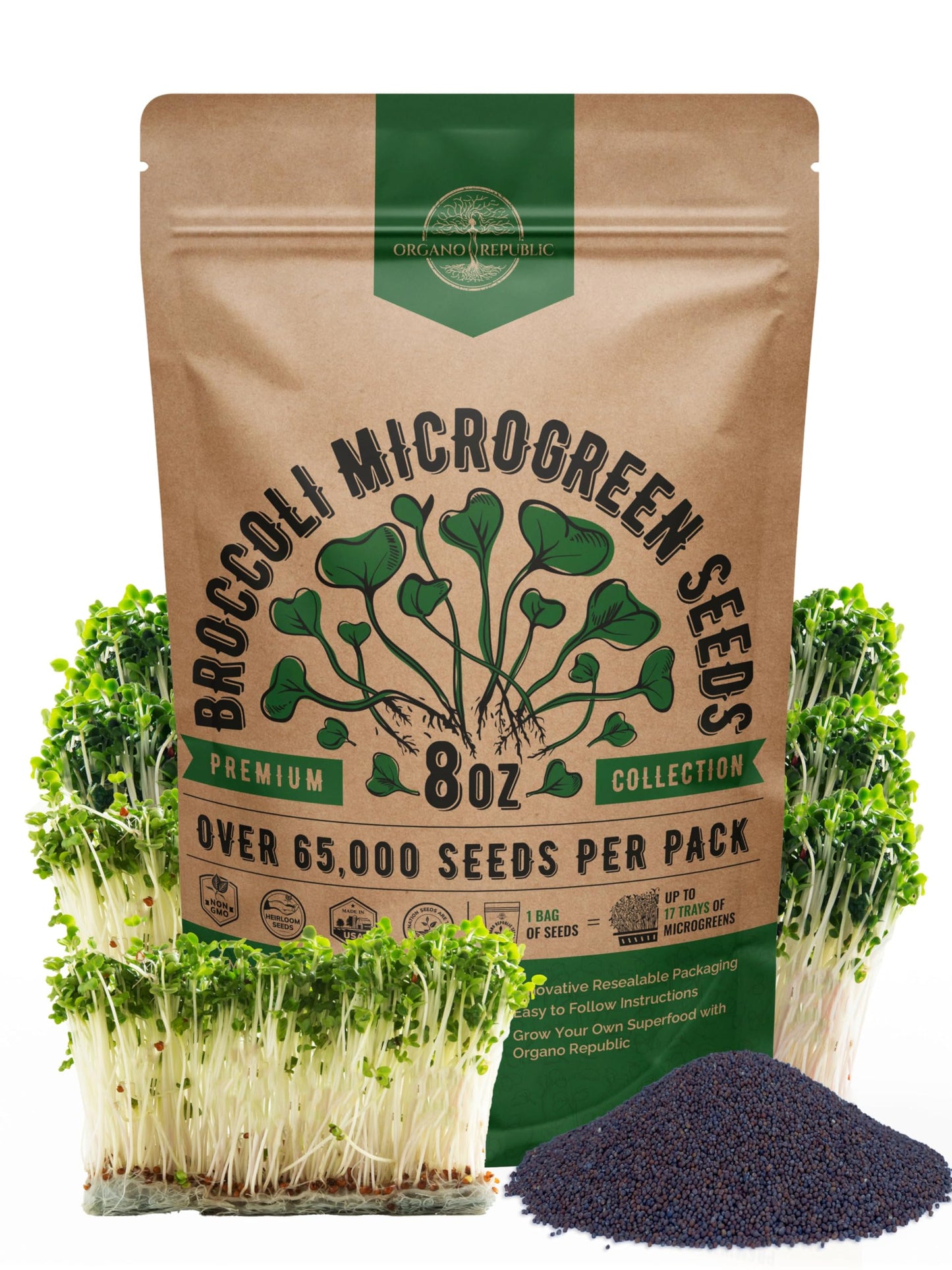 Organo Republic Broccoli Sprouting & Microgreens Seeds - Non-GMO Heirloom Kit in 1lb Resealable Bag for Growing in Soil Coconut Coir Aerogarden Hydroponic - OVAD