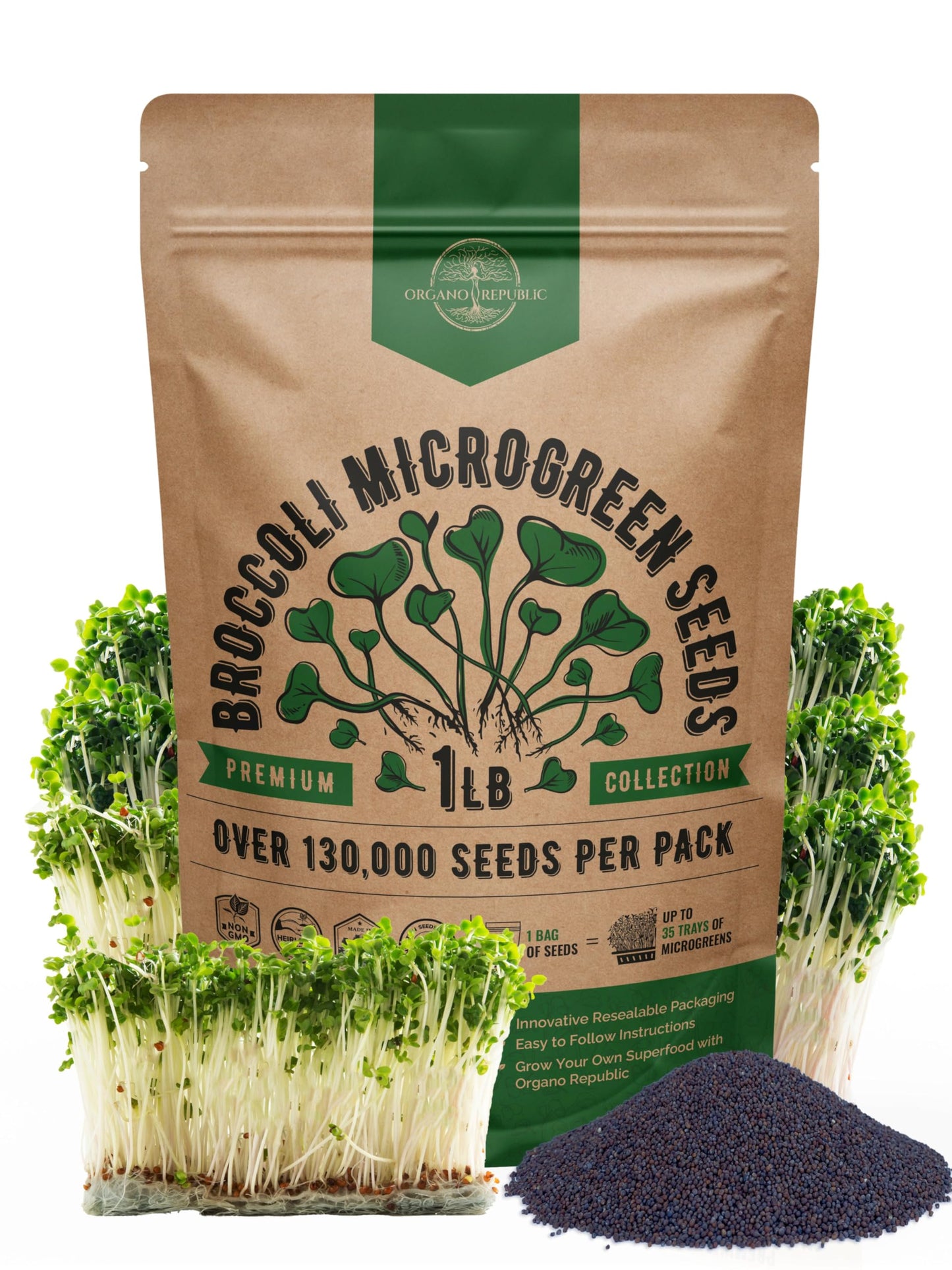 Organo Republic Broccoli Sprouting & Microgreens Seeds - Non-GMO Heirloom Kit in 1lb Resealable Bag for Growing in Soil Coconut Coir Aerogarden Hydroponic - OVAD