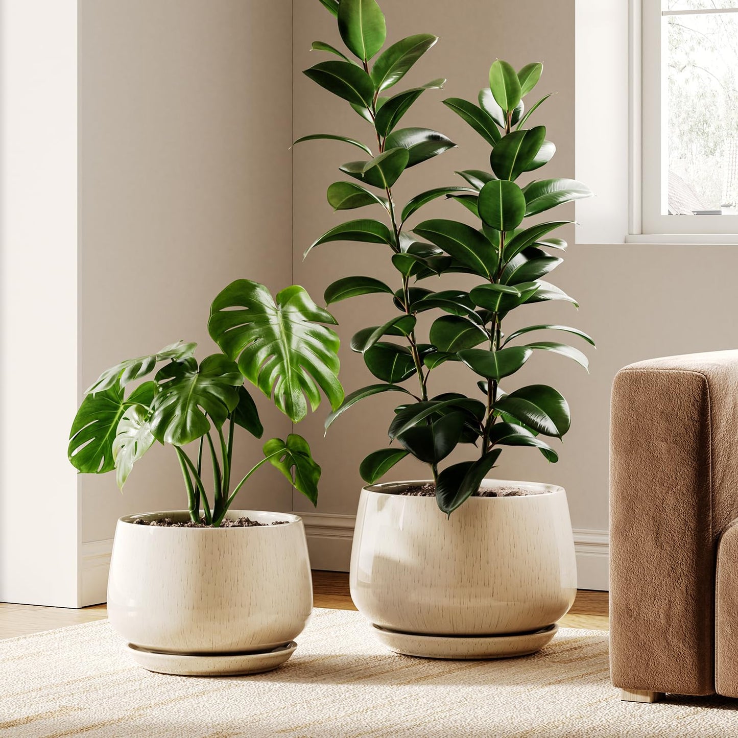 LE TAUCI Ceramic Plant Pots Set of 2 Stylish 10 Inch 12 Inch Planters with Drainage Tray Perfect for Indoor Plants and Home Decor - OVAD