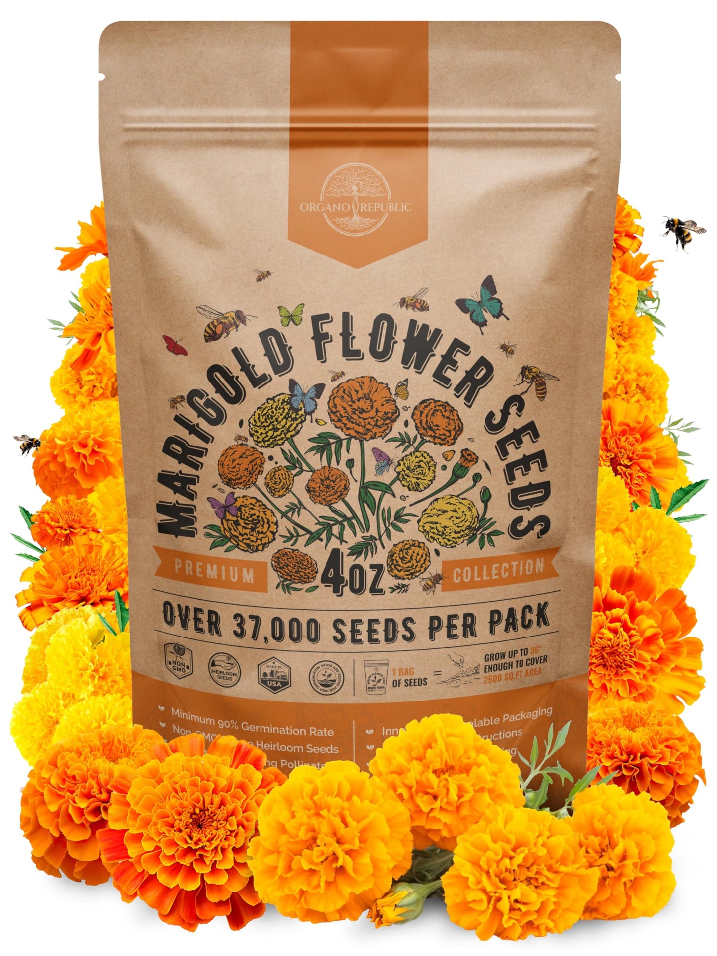 Marigold Seeds Pack 1 oz - Over 9,250 Non-GMO Heirloom Seeds for Indoor and Outdoor Gardening, Perfect for Home and Garden Beautification - OVAD