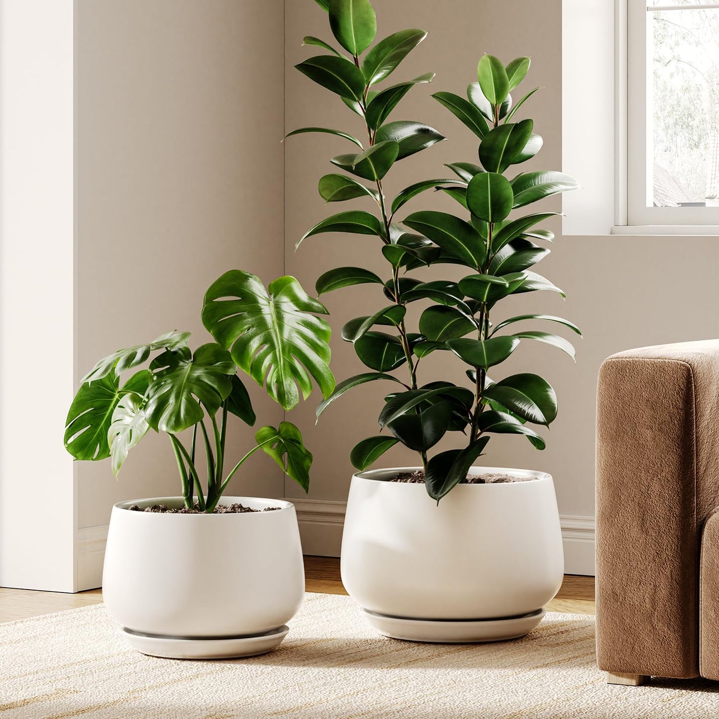 LE TAUCI Ceramic Plant Pots Set of 2 Stylish 10 Inch 12 Inch Planters with Drainage Tray Perfect for Indoor Plants and Home Decor - OVAD