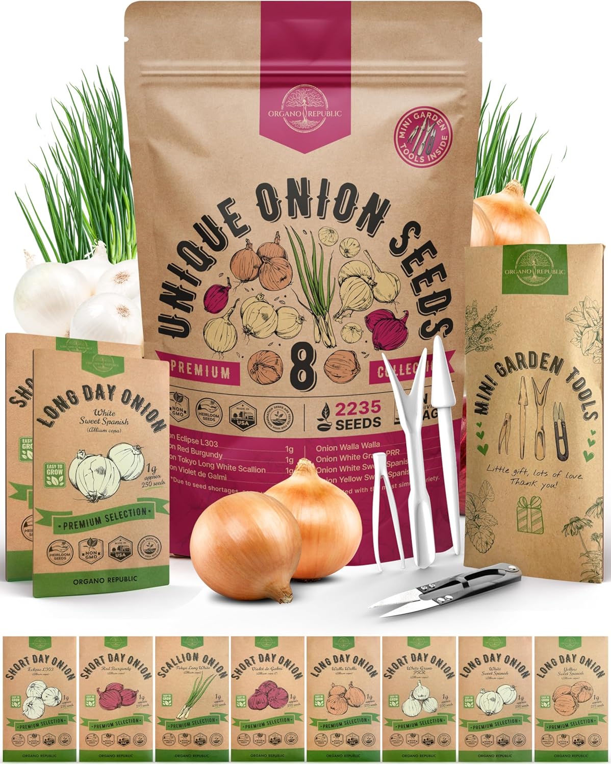 Organo Republic 8 Onion Seeds Variety Pack Heirloom Non-GMO 2200+ Seeds for Indoor and Outdoor Gardening with Walla Walla Green Onion Red Burgundy White and Yellow Sweet Spanish Onions - OVAD