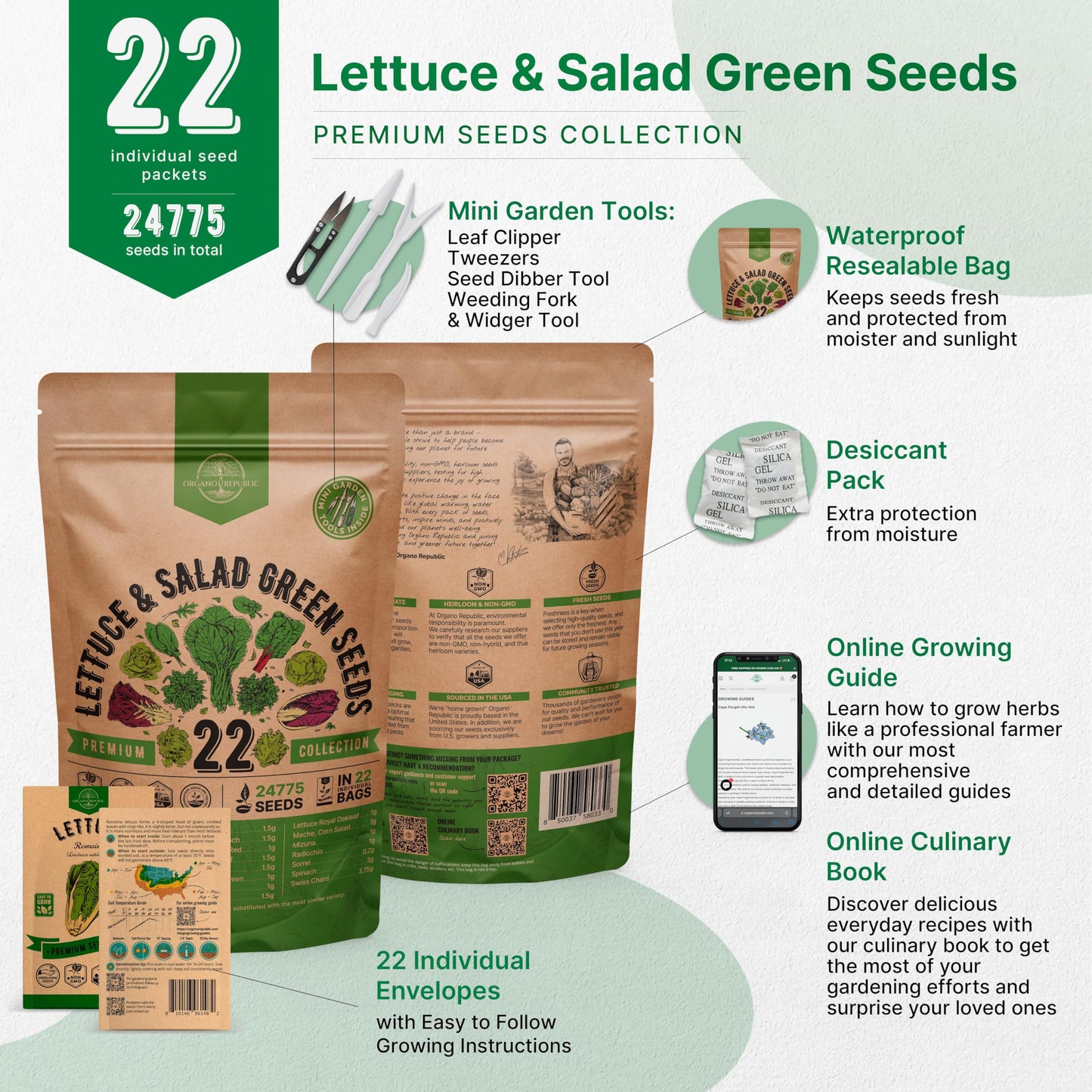 Organo Republic 22 Lettuce & Salad Greens Seeds Variety Pack 24,700 Plus Non-GMO Heirloom Lettuce Seeds For Indoor And Outdoor Garden Hydroponics Aerogarden Arugula Kale Spinach Swiss Chard Lettuce - OVAD