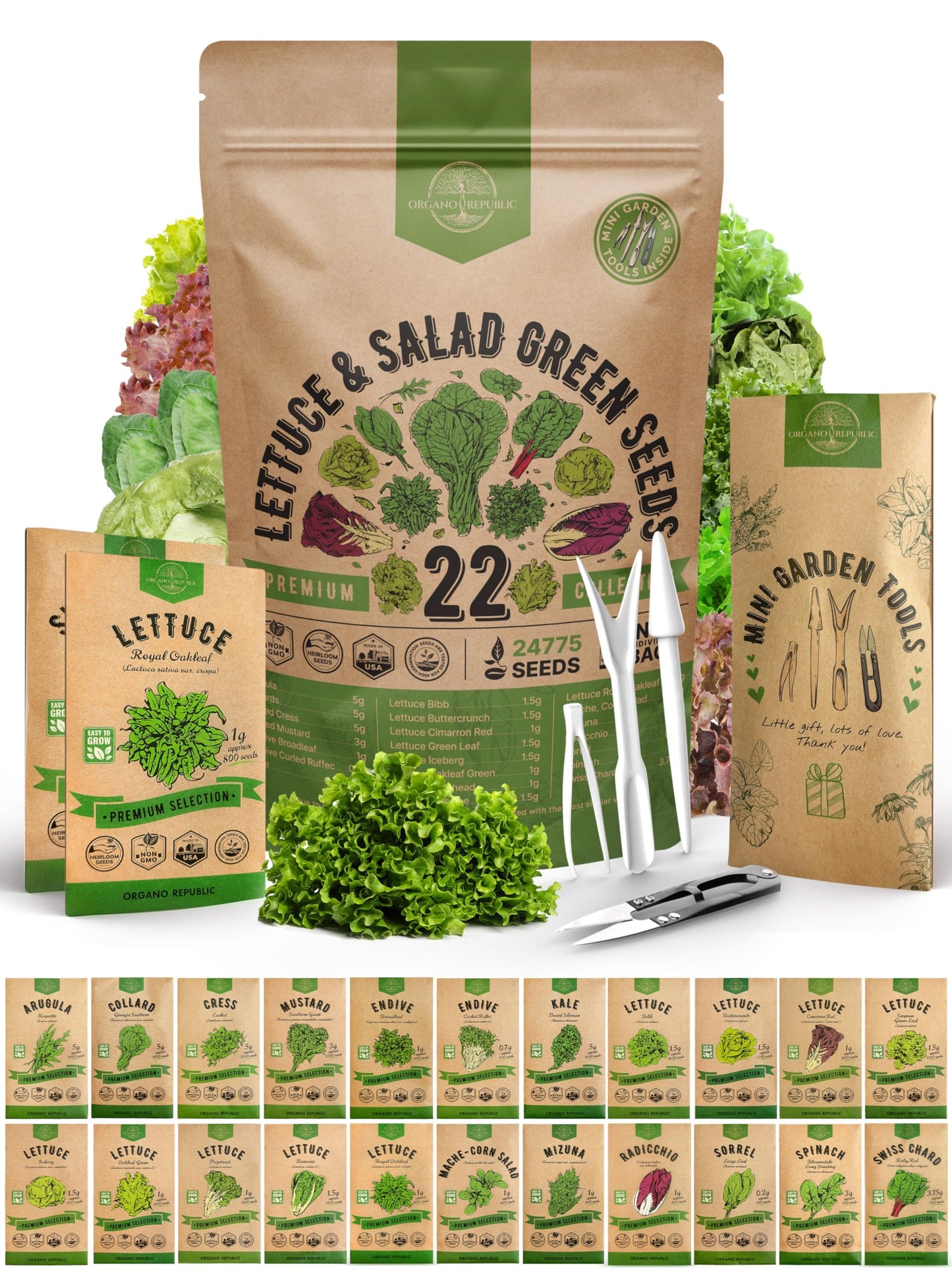 Organo Republic 22 Lettuce & Salad Greens Seeds Variety Pack 24,700 Plus Non-GMO Heirloom Lettuce Seeds For Indoor And Outdoor Garden Hydroponics Aerogarden Arugula Kale Spinach Swiss Chard Lettuce - OVAD