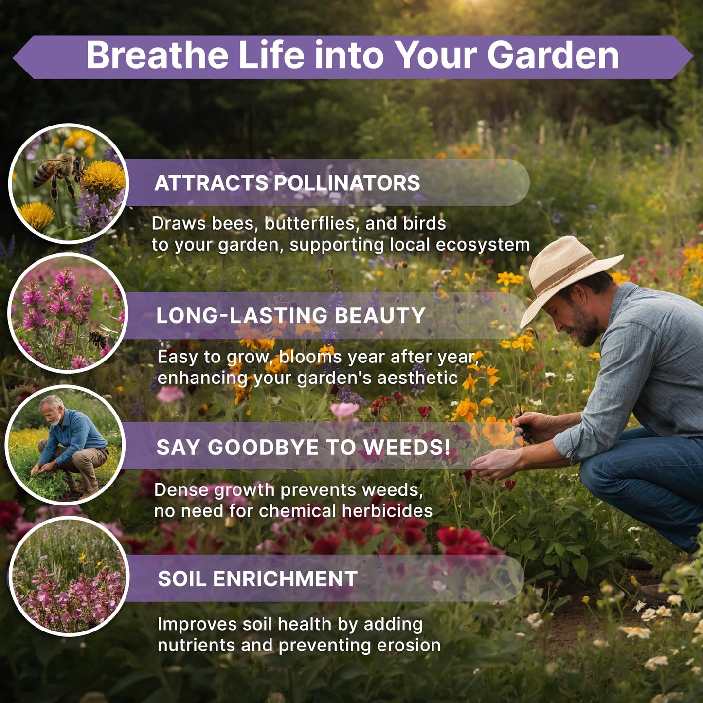Organo Republic 16 Perennial Wildflower Seeds Mix for Indoor & Outdoors 100,000 Non-GMO Heirloom Seeds 4oz Packet to Attract Bees Butterflies Birds - OVAD