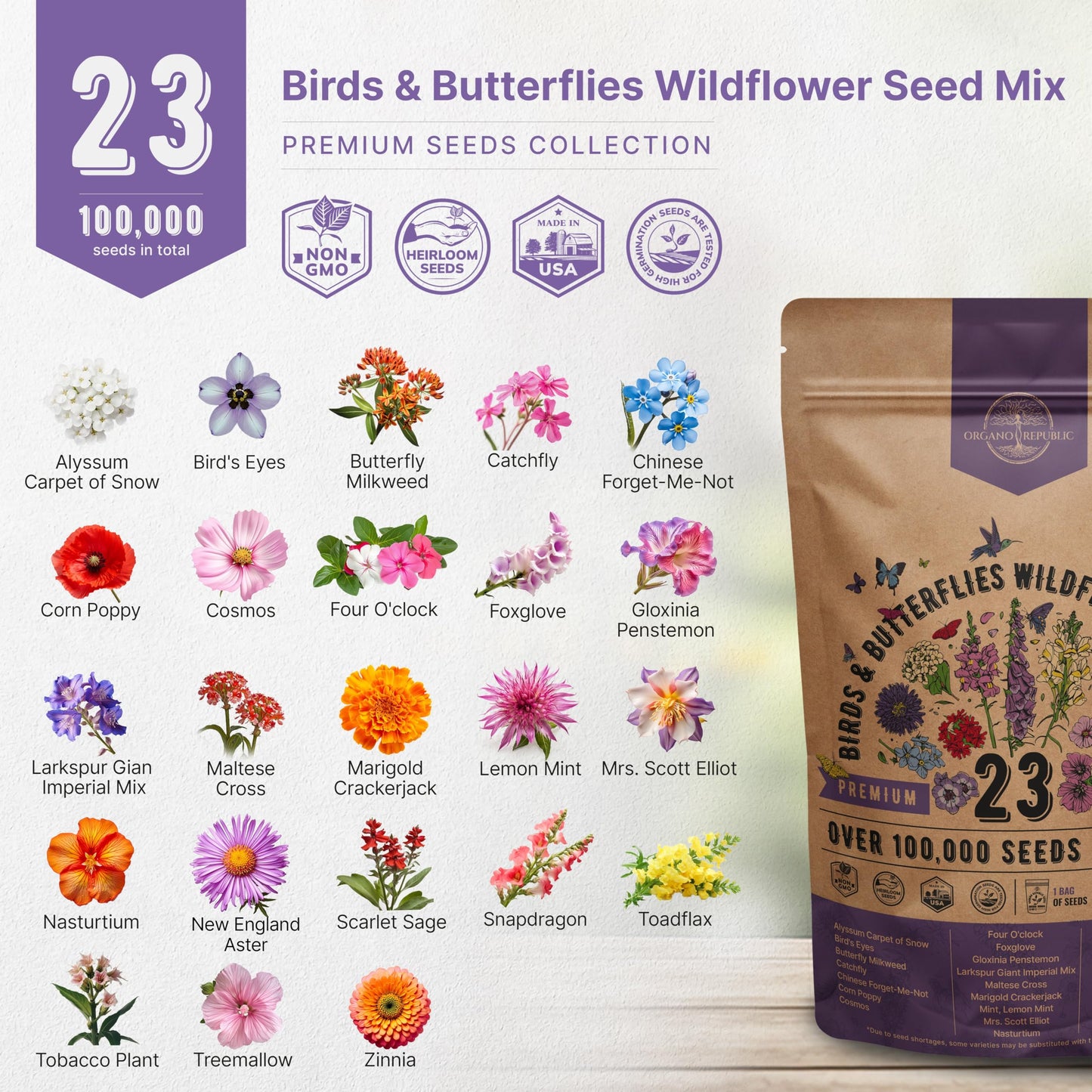 Organo Republic 16 Perennial Wildflower Seeds Mix for Indoor & Outdoors 100,000 Non-GMO Heirloom Seeds 4oz Packet to Attract Bees Butterflies Birds - OVAD