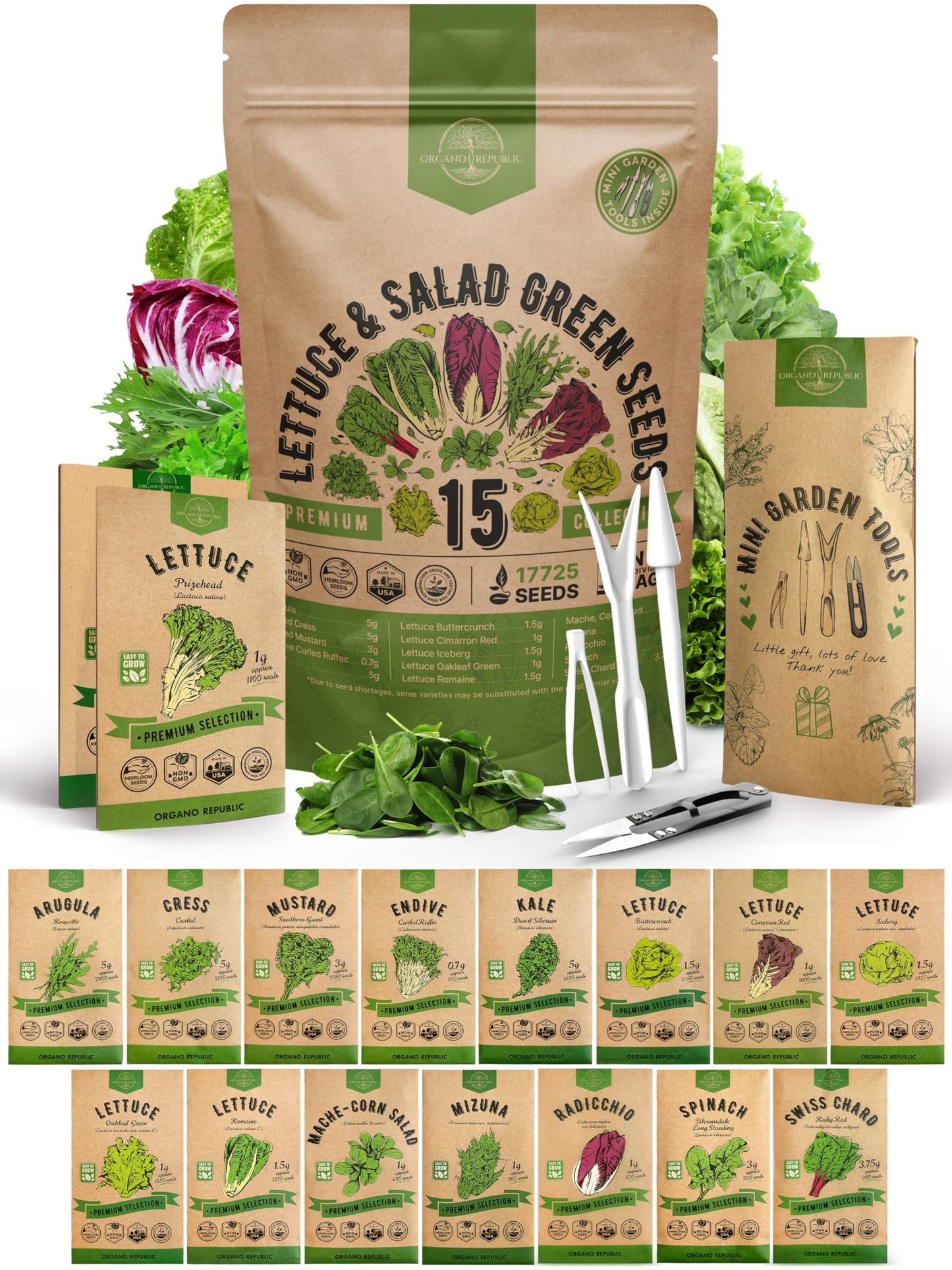 Organo Republic 22 Lettuce & Salad Greens Seeds Variety Pack 24,700 Plus Non-GMO Heirloom Lettuce Seeds For Indoor And Outdoor Garden Hydroponics Aerogarden Arugula Kale Spinach Swiss Chard Lettuce - OVAD