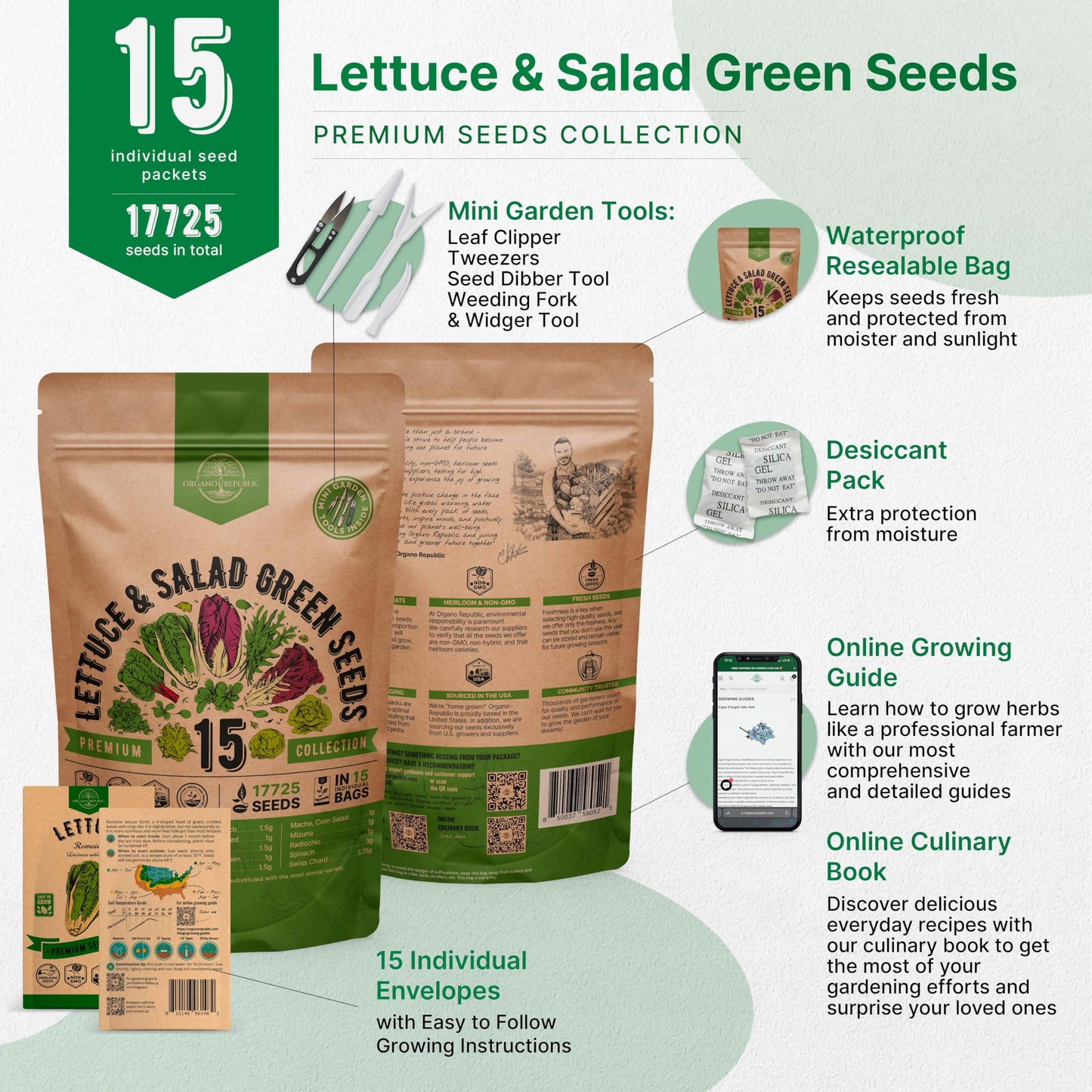 Organo Republic 22 Lettuce & Salad Greens Seeds Variety Pack 24,700 Plus Non-GMO Heirloom Lettuce Seeds For Indoor And Outdoor Garden Hydroponics Aerogarden Arugula Kale Spinach Swiss Chard Lettuce - OVAD